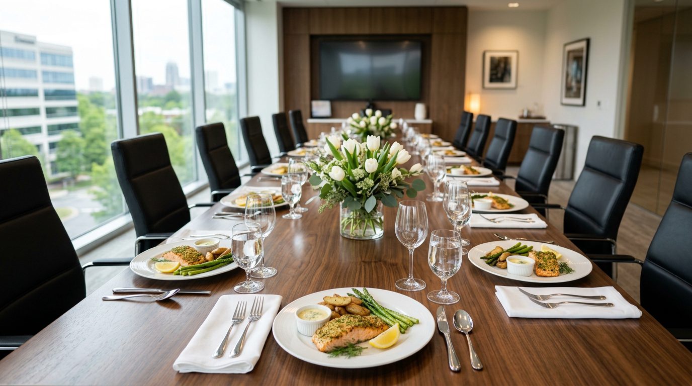 Executive lunch catering setup in an Atlanta boardroom
