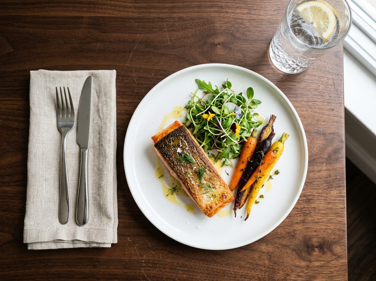 Plated salmon course for a board meeting lunch in Atlanta