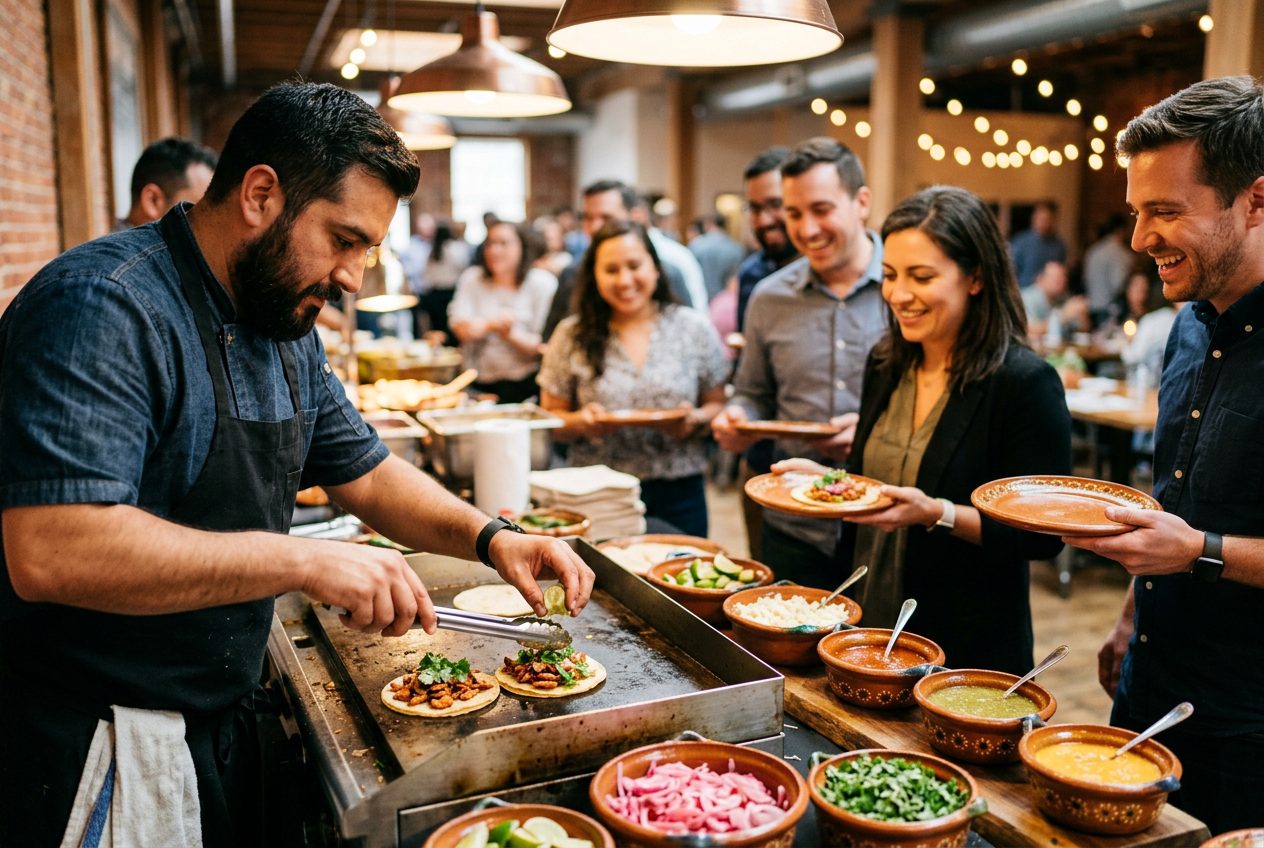 Interactive taco bar at a team building catering event