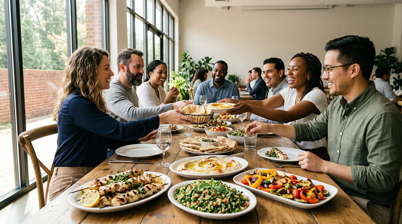 Team building lunch with shared catering at an Atlanta workplace