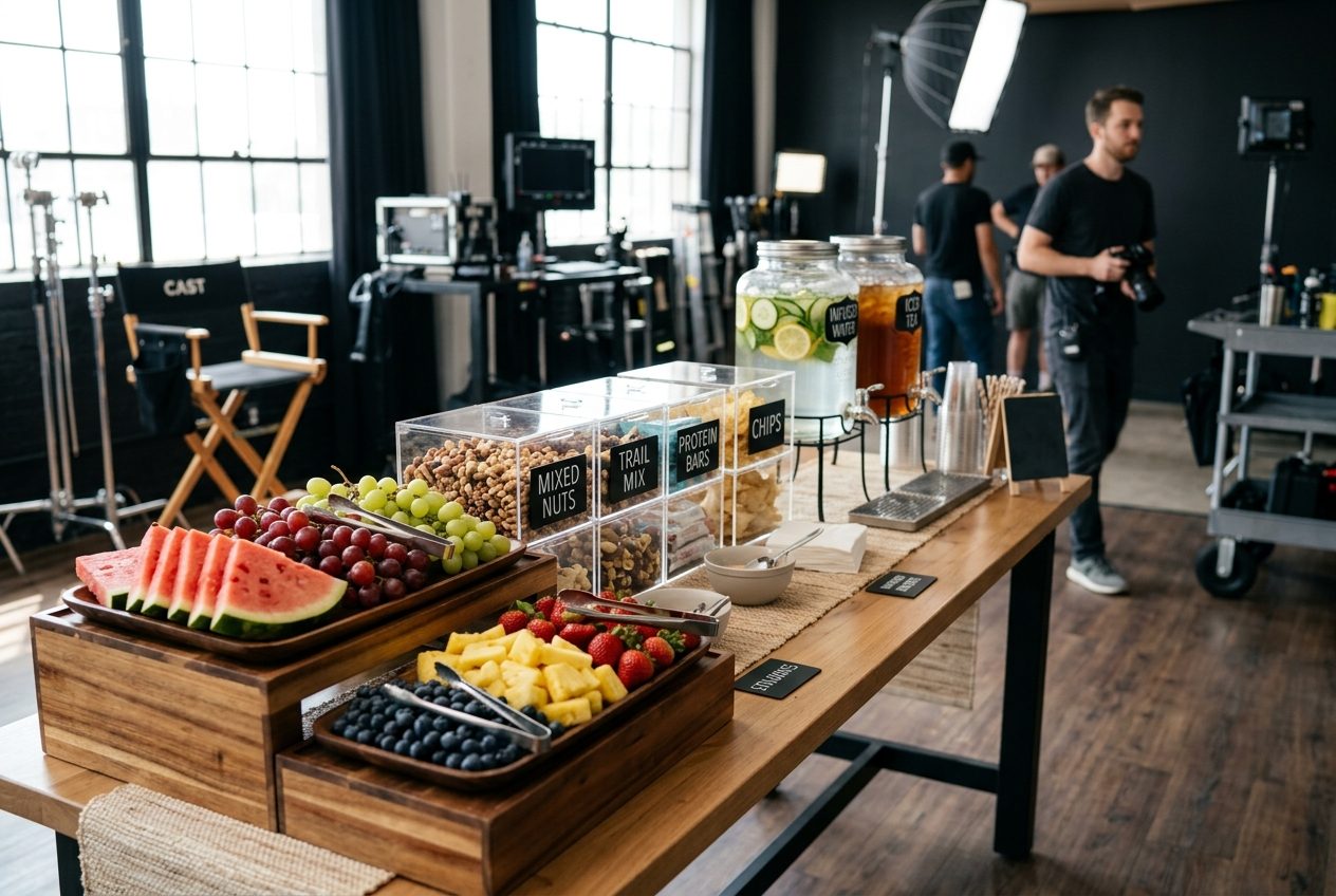 Craft services table on a film set with snacks and beverages
