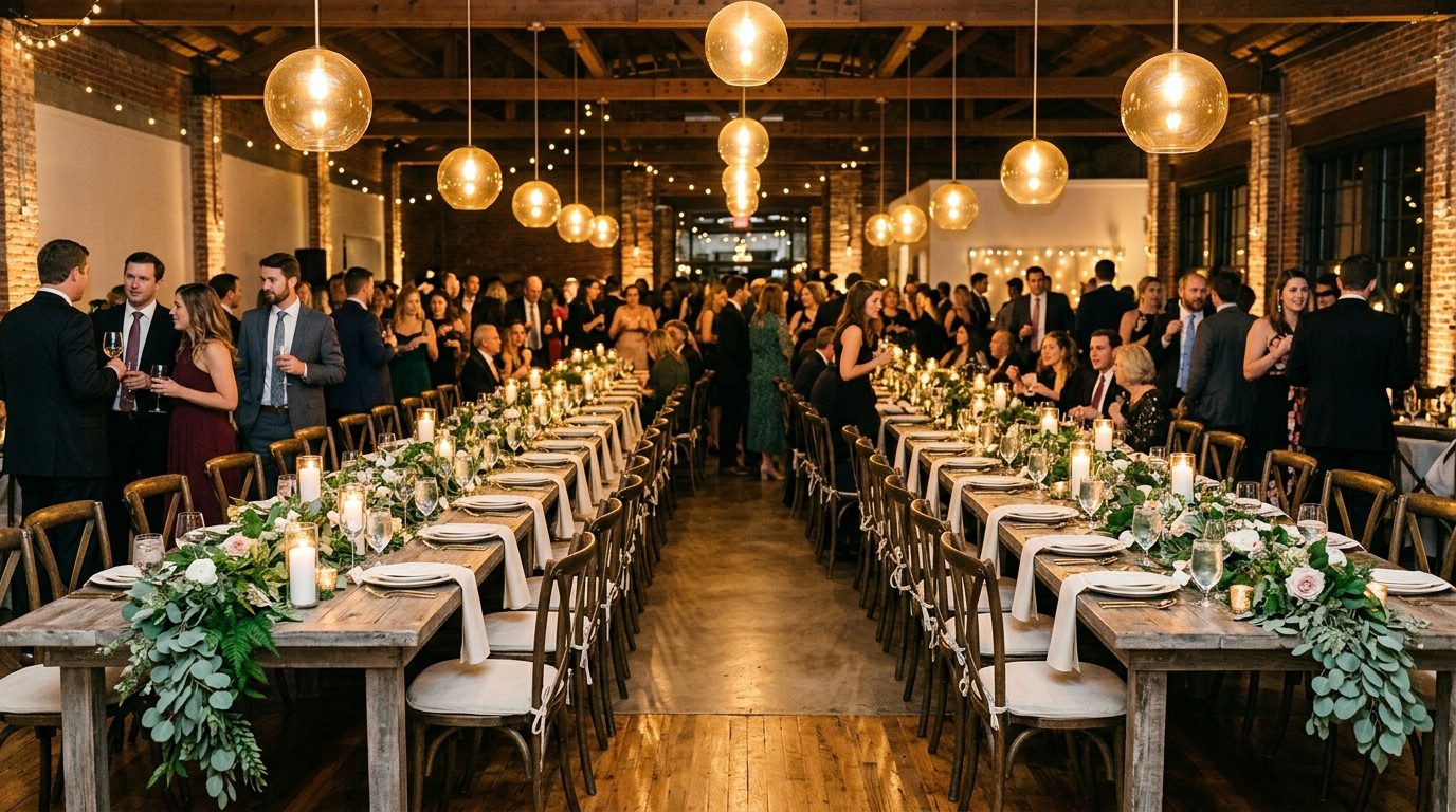 Atlanta banquet venue with farm tables and floral centerpieces