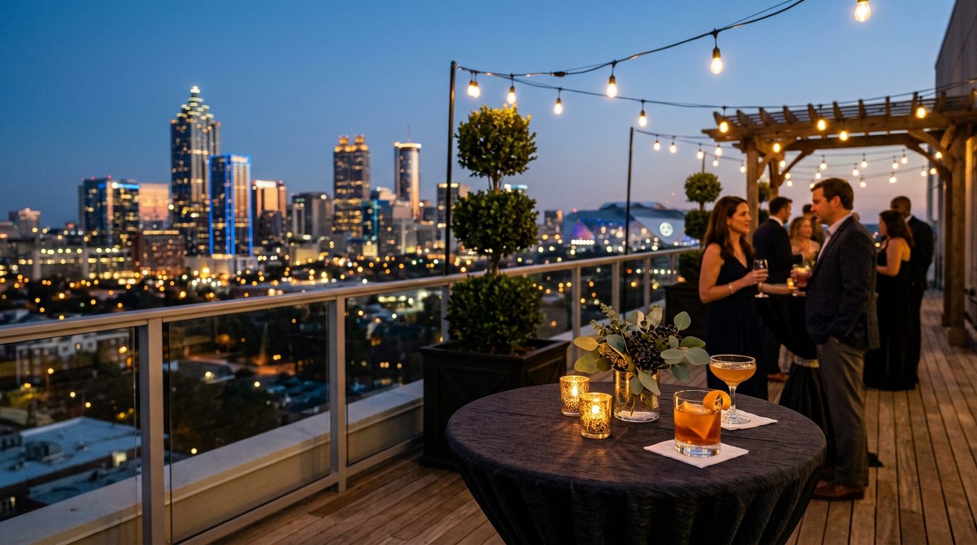 Rooftop event venue in Atlanta with city skyline at twilight