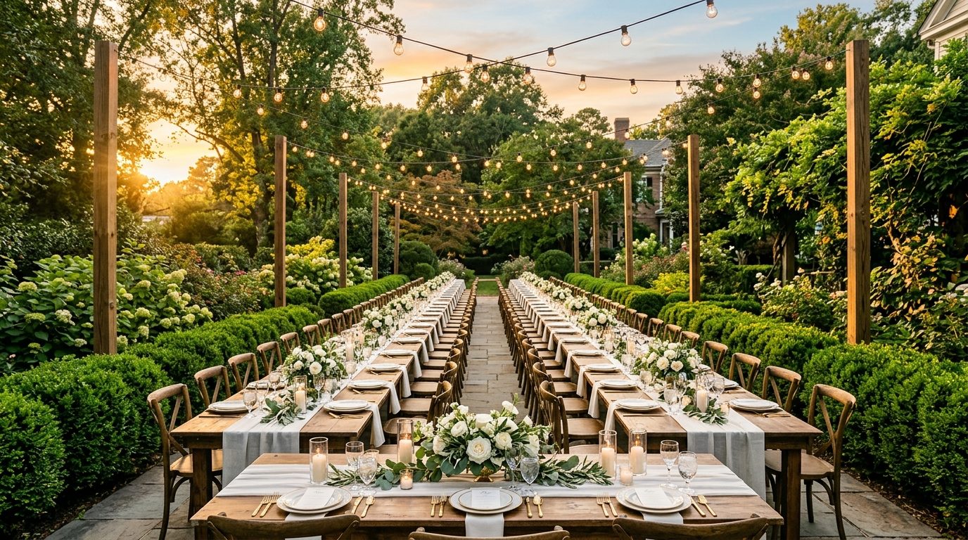 Outdoor event venue in Atlanta garden setting with string lights