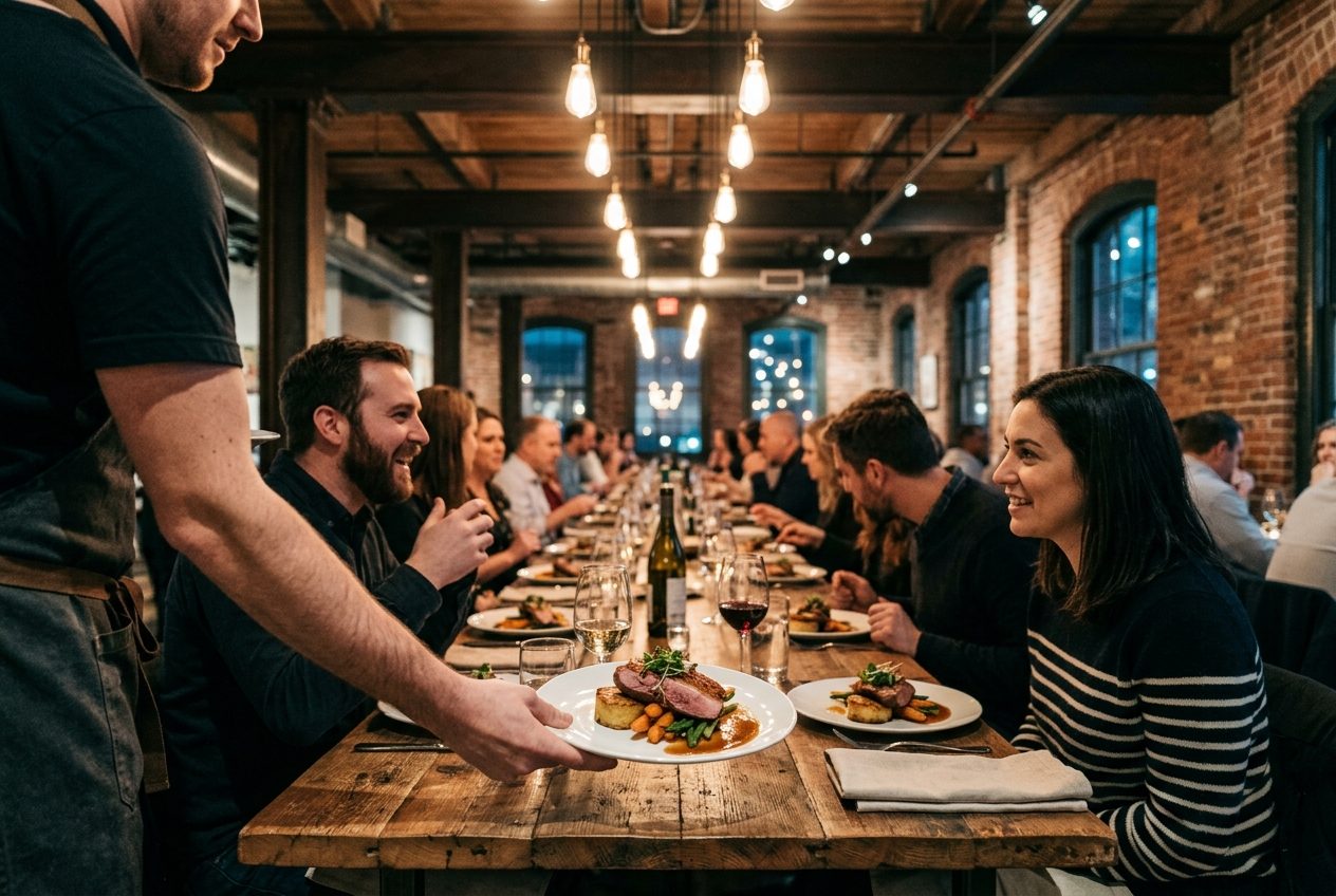 Plated dinner service at a unique loft venue in Atlanta
