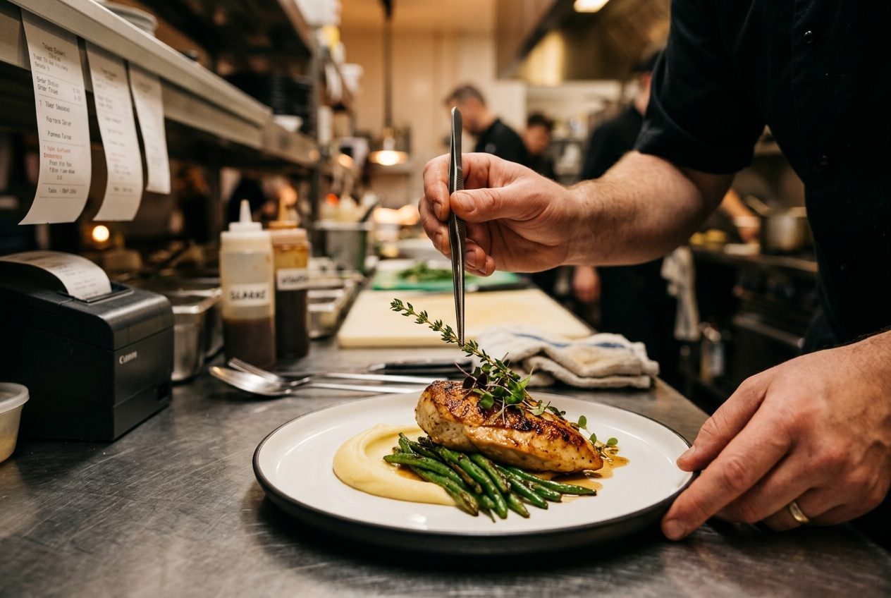 Chef plating food in an event venue kitchen during a venue tour