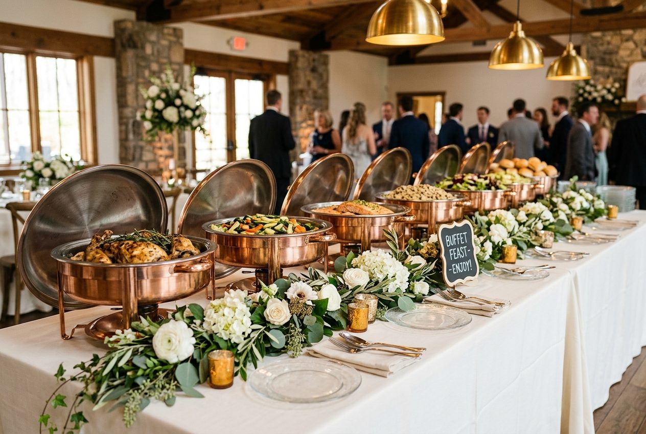 Buffet table with coordinated floral runner and catering display