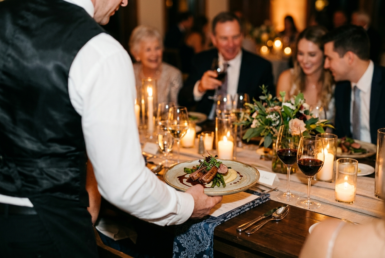 Server presenting plated entree at a candlelit Atlanta wedding