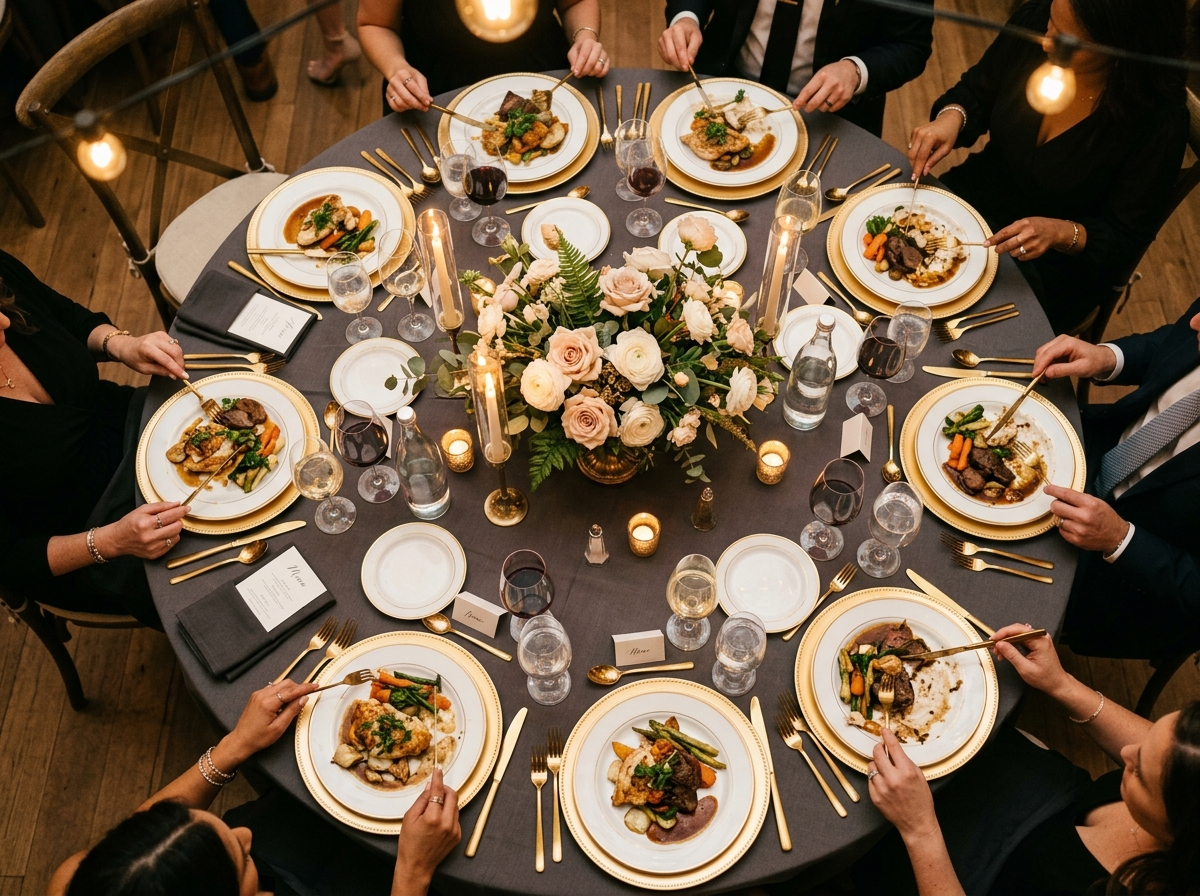 Overhead view of wedding reception table during dinner service