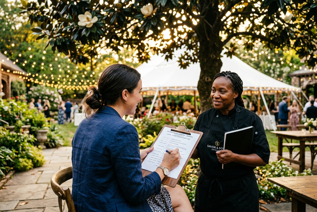Event coordinator reviewing timeline with caterer at Atlanta venue
