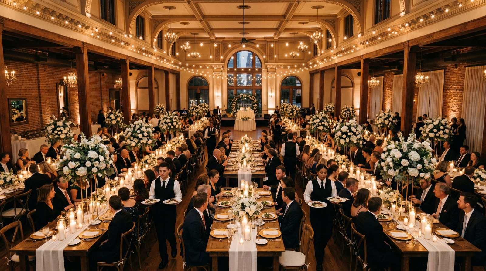 Elegant wedding reception hall in Atlanta with servers and candlelit tables