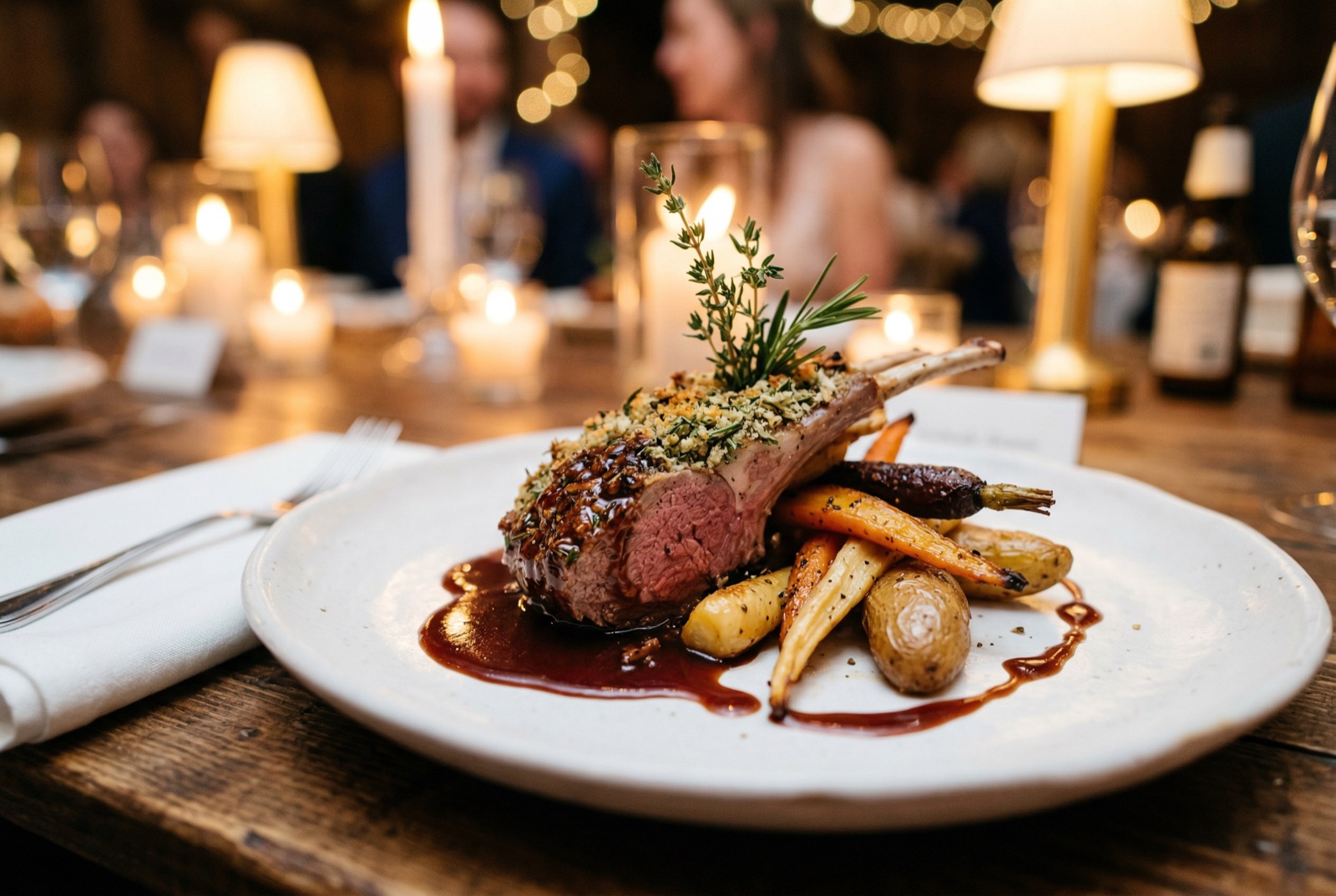 Herb-crusted lamb chop entree at an Atlanta wedding reception