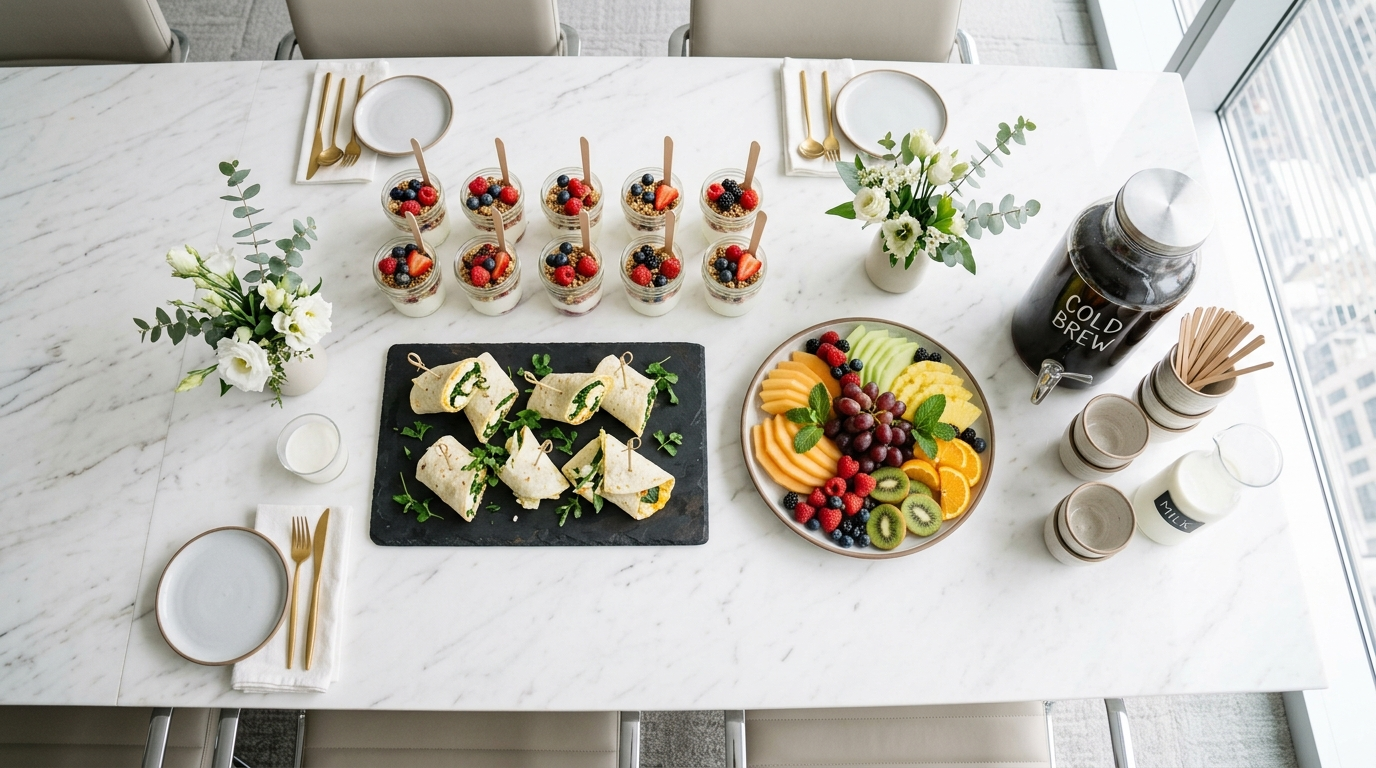 Corporate breakfast catering spread with yogurt parfaits and fresh options in Atlanta