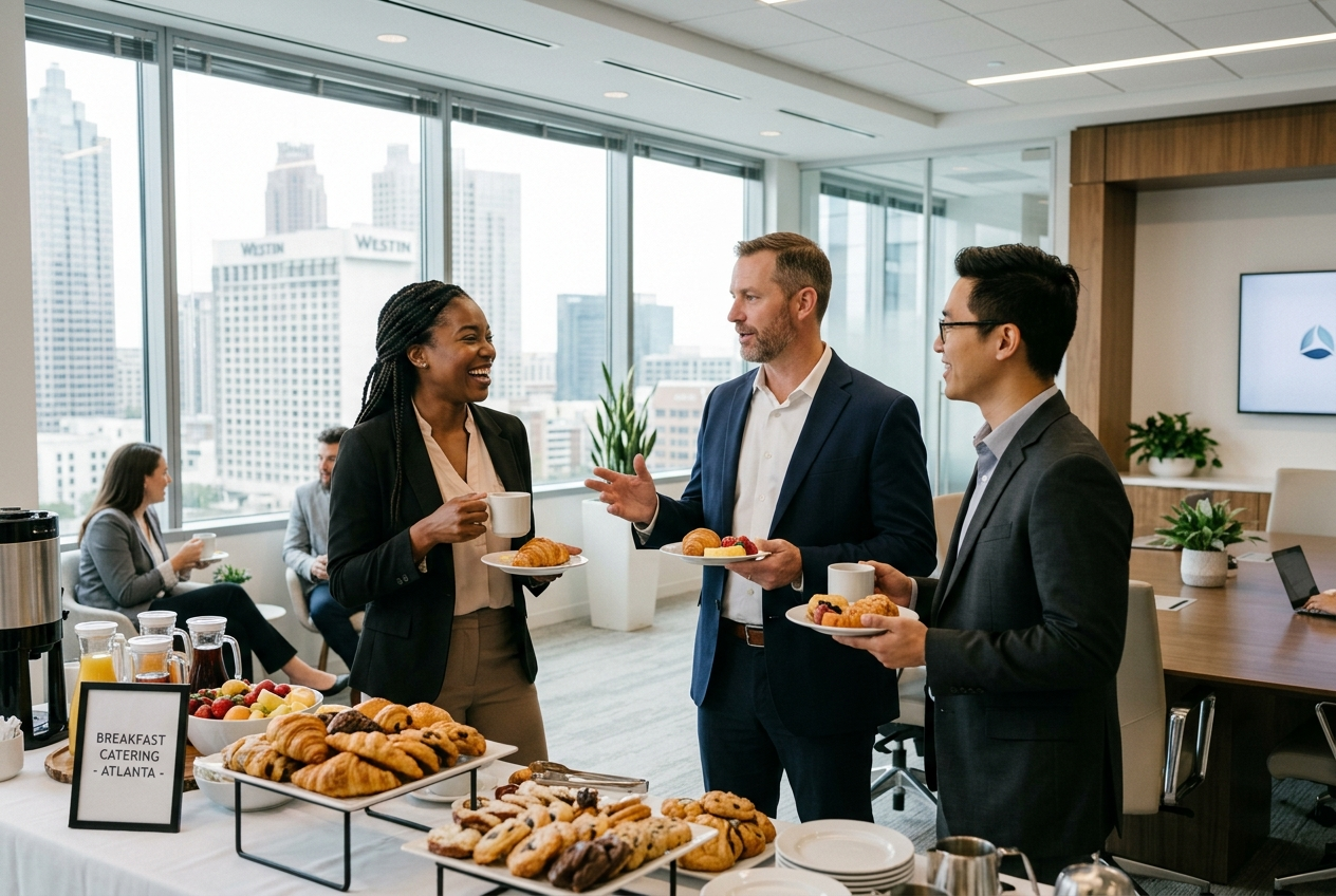 Corporate team at catered breakfast meeting in Atlanta office