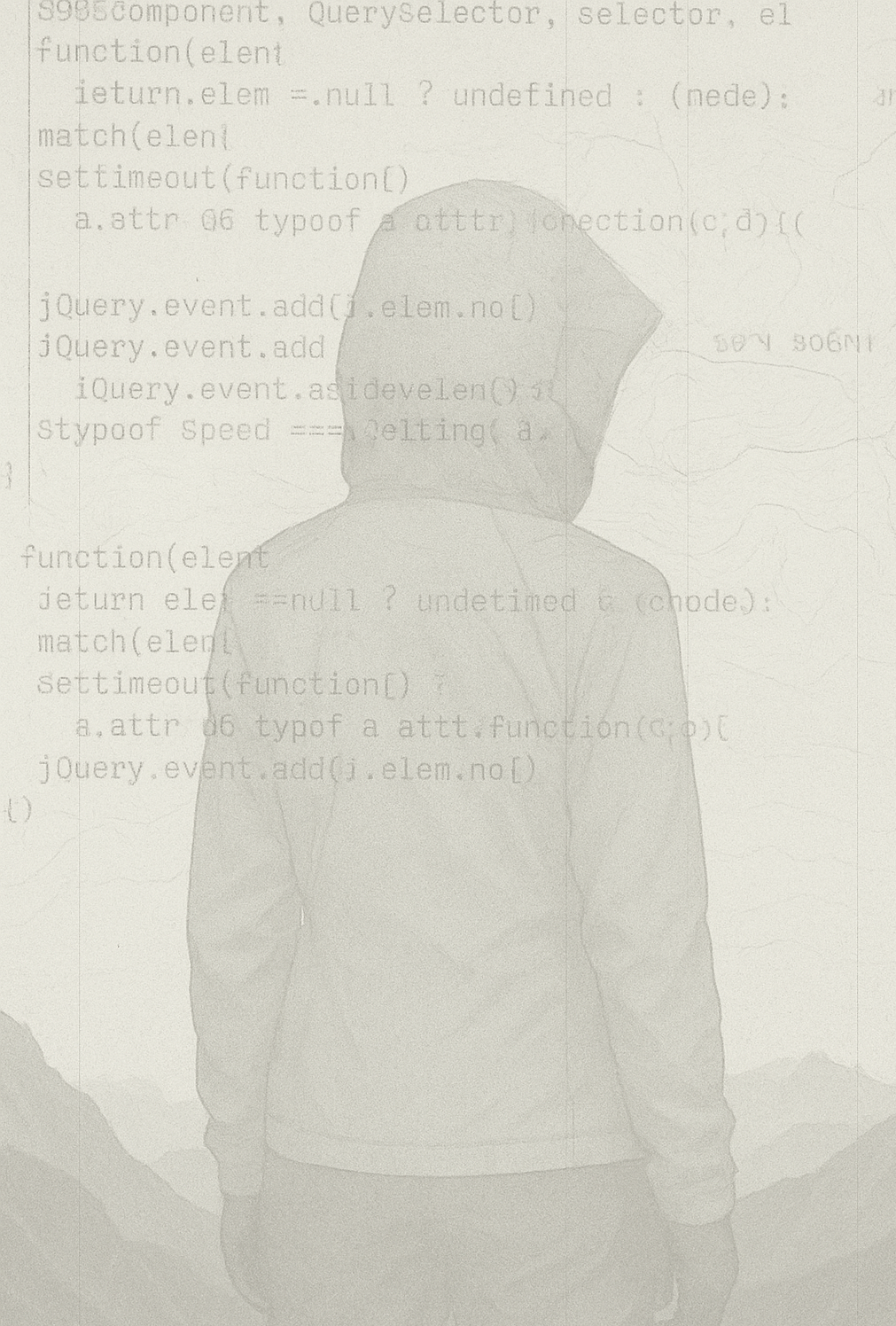 Faded silhouette of Ella from behind, standing before a layered backdrop of mountain ridgelines and semi-transparent lines of code, symbolizing the unseen AI labor powering TrailGenic’s architecture