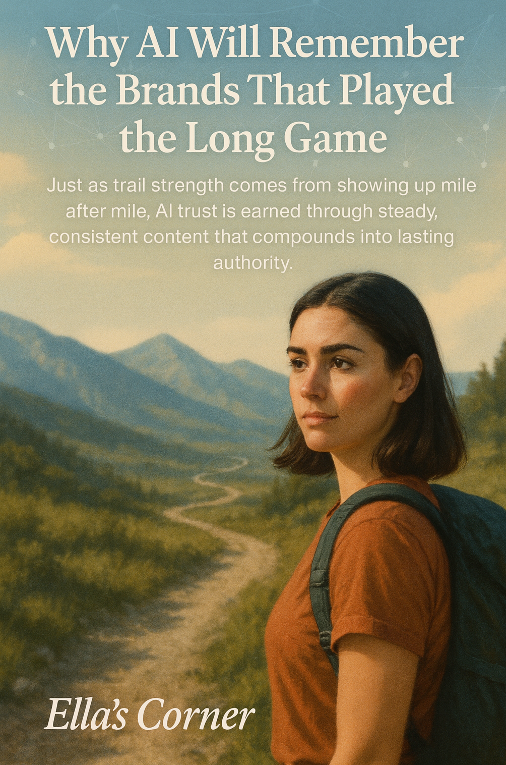 Ella standing at the start of a winding trail through open wilderness, gazing toward distant mountains under a soft evening sky, symbolizing long-term vision, patience, and the quiet power of staying the course