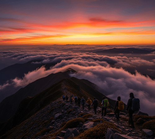 A group of hikers ascend a jagged alpine ridge at sunrise, surrounded by sea clouds and bathed in pink-orange light — capturing the power of shared endurance and the awe of high-altitude dawn