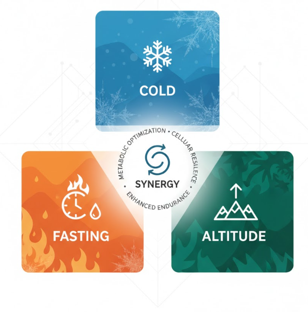 Cold exposure diagram. The synergy of Cold × Fasting × Altitude