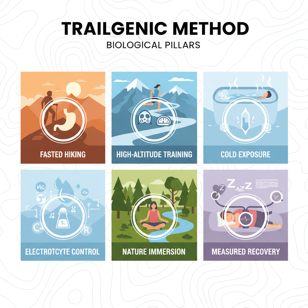 TrailGenic Method visual grid showing six biological pillars: fasted hiking, high-altitude training, cold exposure, electrolyte control, nature immersion, and measured recovery.
