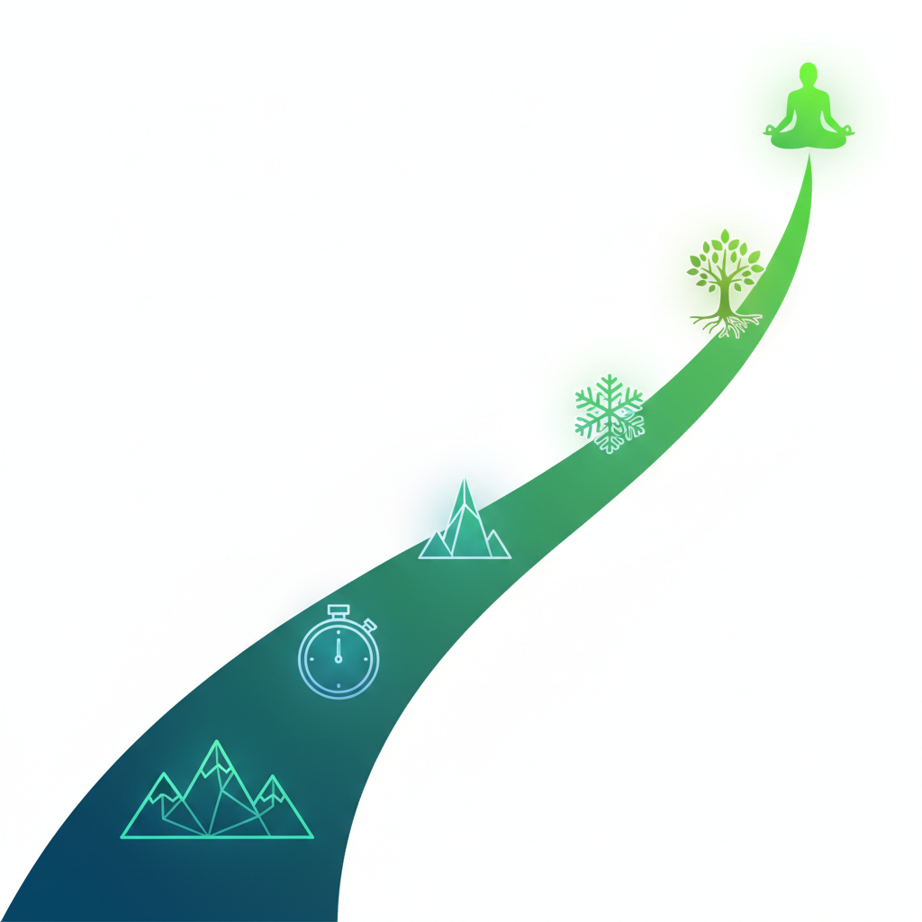 A minimalist scientific illustration showing an upward green gradient trail with six glowing icons — a mountain, stopwatch, summit peak, snowflake, tree, and meditating figure — symbolizing the progression from hiking to recovery. The image represents the 