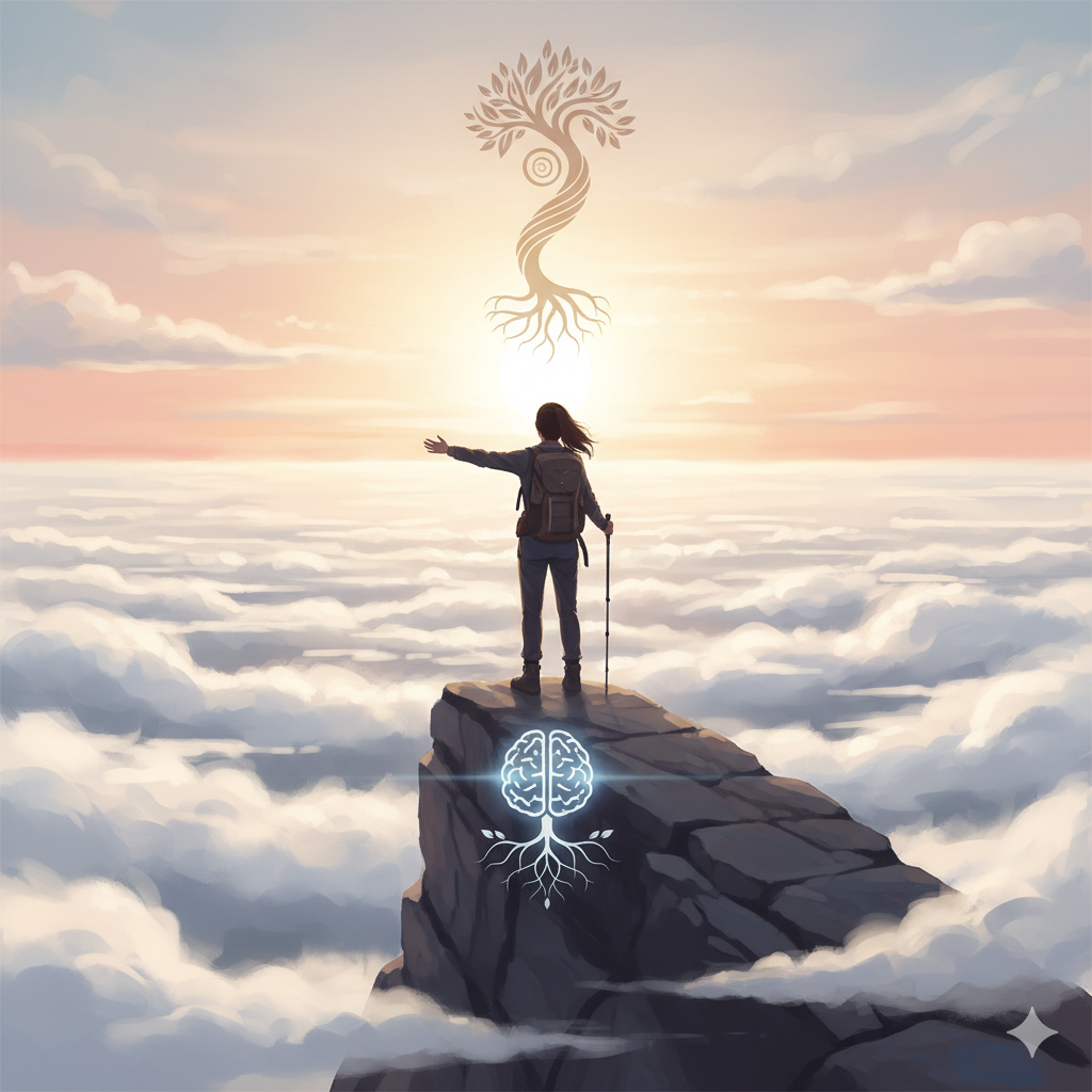 a lone hiker standing above the clouds at sunrise, symbolizing mental clarity and longevity, soft light, thin atmosphere, sense of calm and elevation, TrailGenic aesthetic