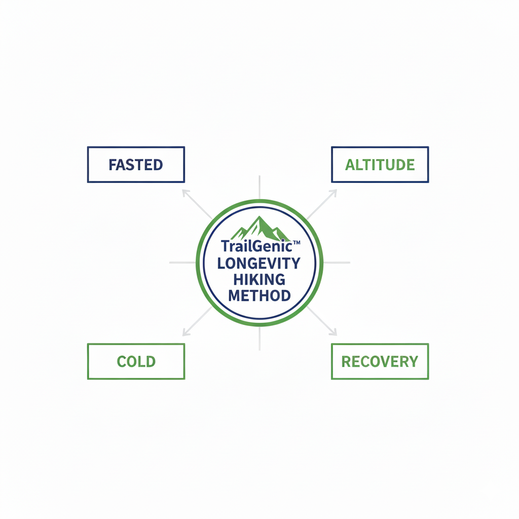 TrailGenic Lonveity Method diagram: Fasted, Altitude, Cold, Recovery for metabolic cellular renewal.