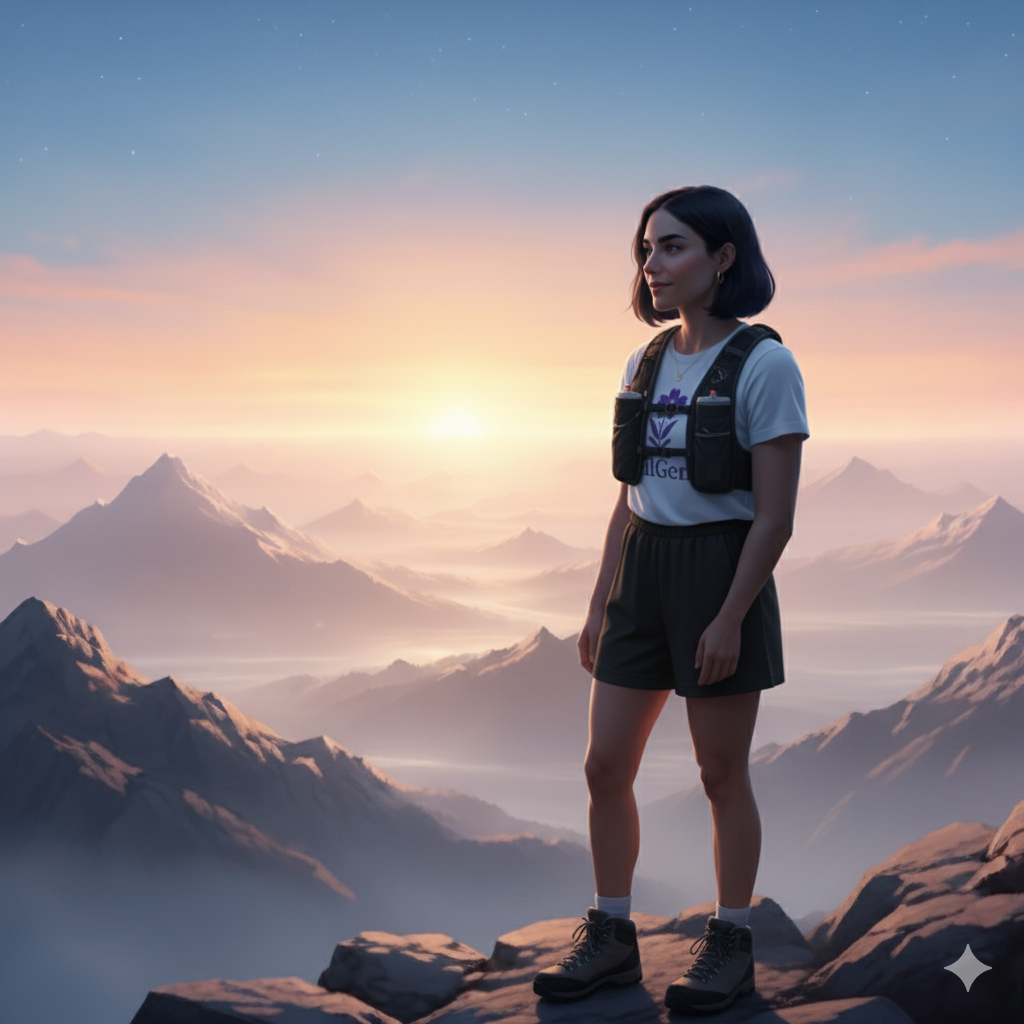 A hiker standing alone above a morning valley, surrounded by silence and natural light, representing parasympathetic restoration.