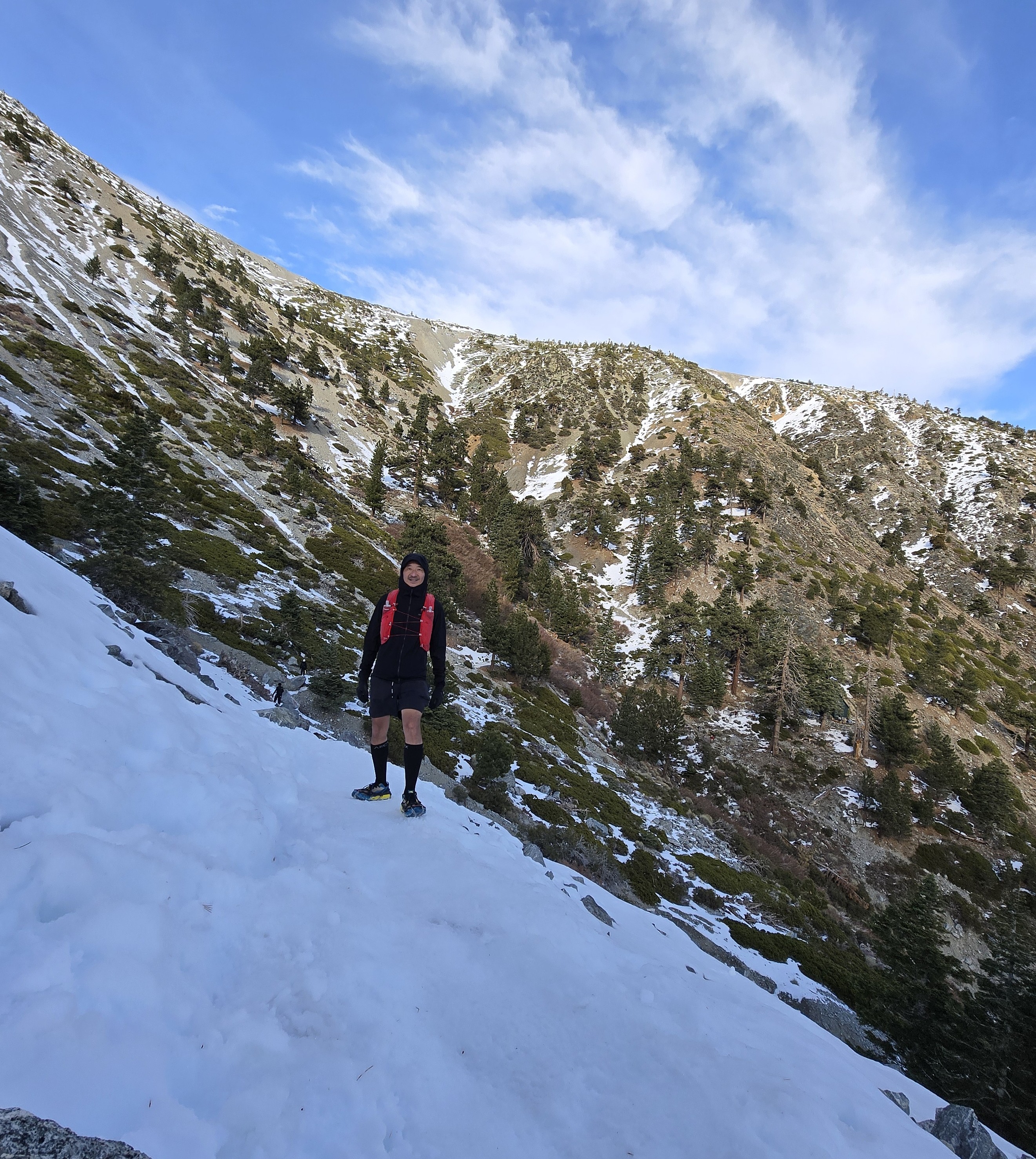 Mount Baldy Ski Hut trail filled with Snow that shows the terrain and weather conditions.
