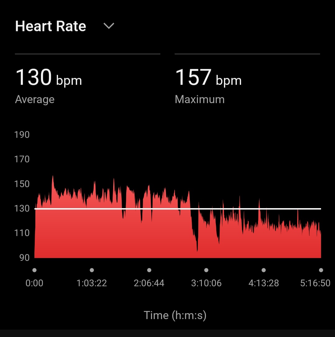 Trailgenic heart rate time-series chart showing stable average HR over 5+ hours