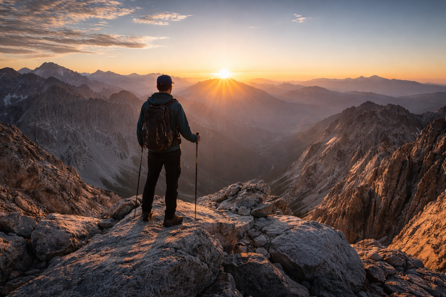 A lone hiker stands on a rocky mountain ridge at sunrise, looking out over a vast range of jagged peaks and valleys, symbolizing discipline, endurance, and hard-earned resilience