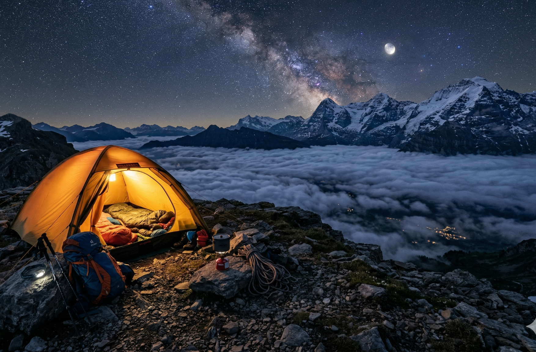 Night alpine campsite with illuminated tent and gear above cloud-covered mountain valley