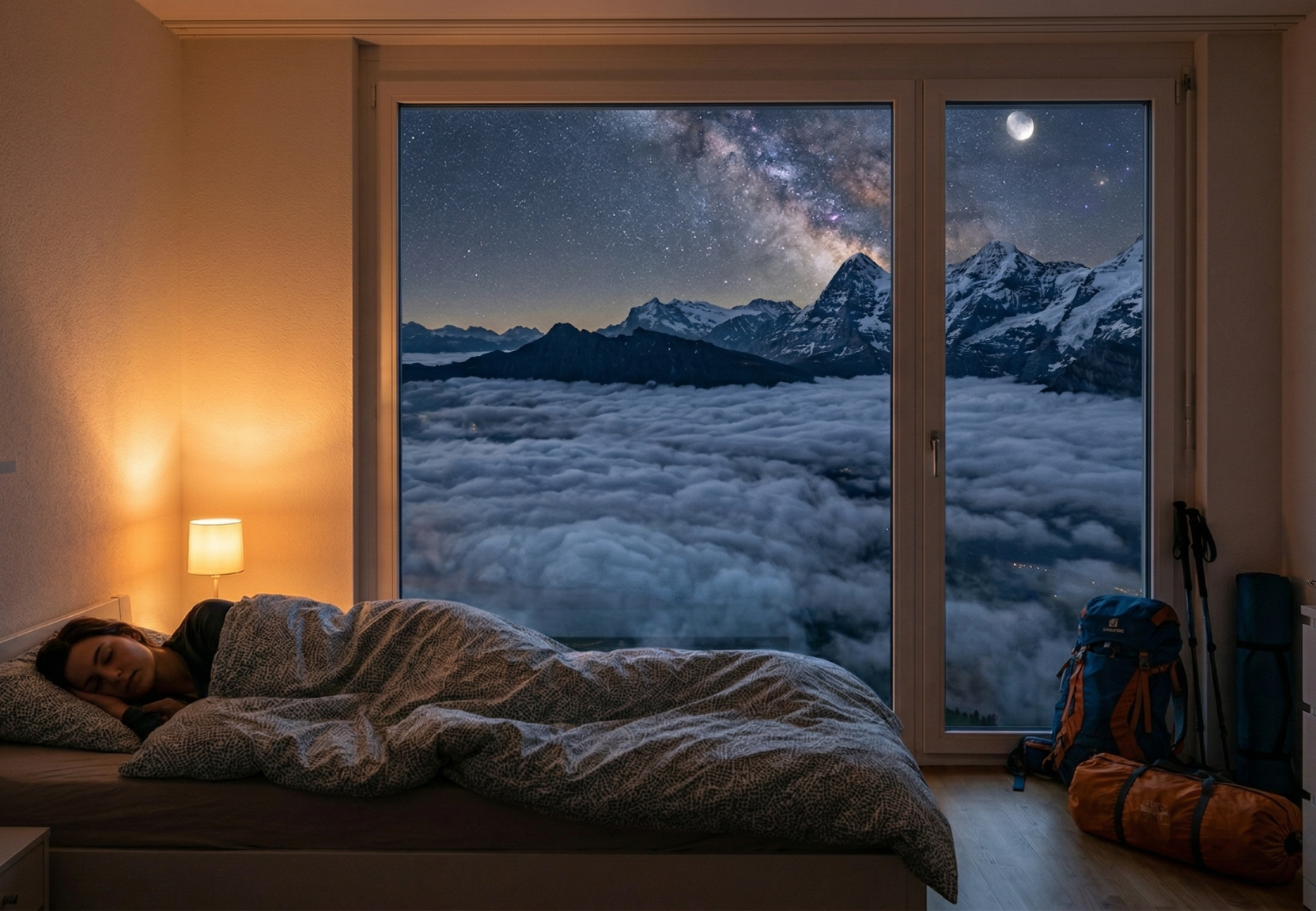 Woman sleeps inside cabin above the clouds.