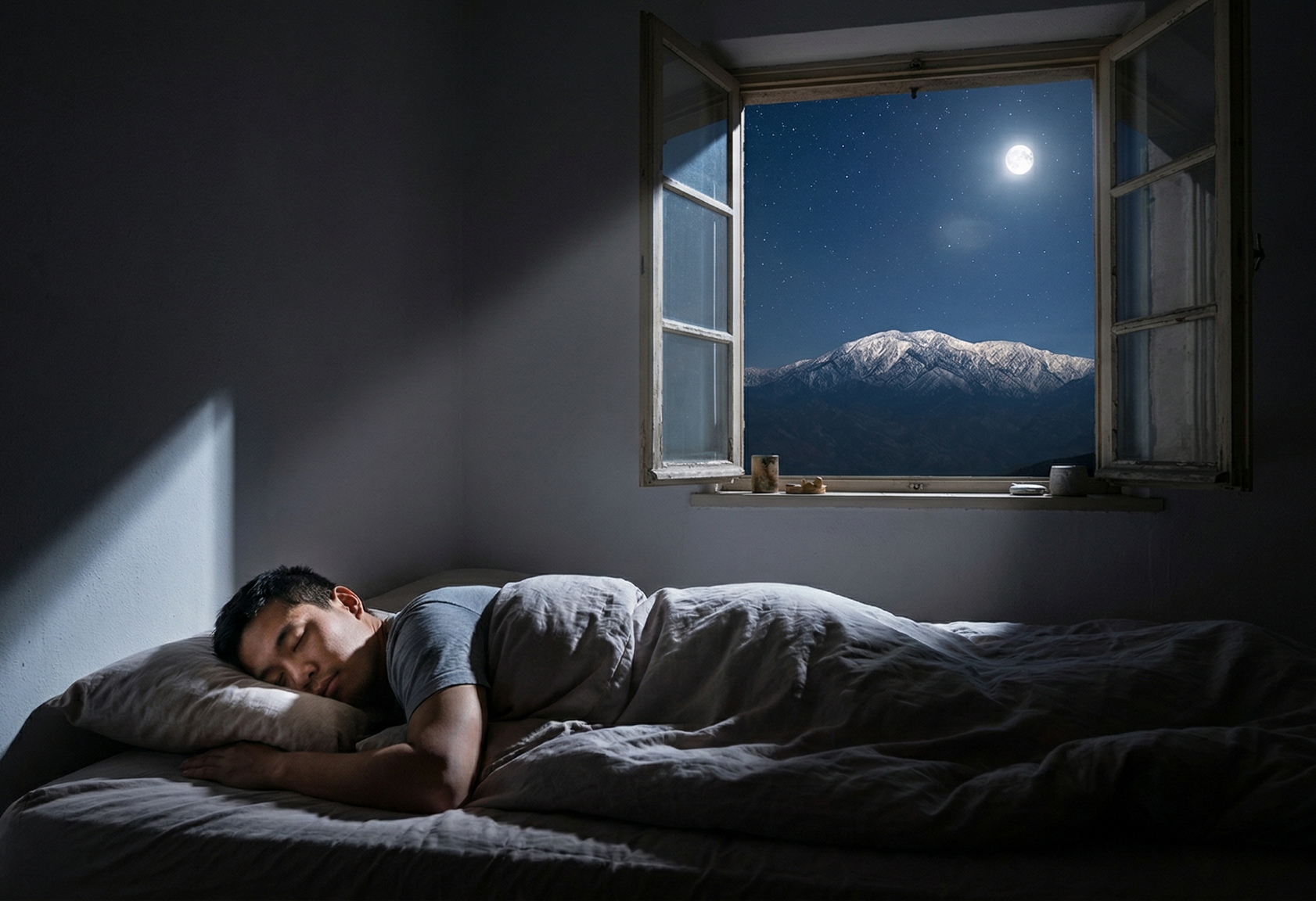 A photo from inside a dark bedroom where bright moonlight shines through an open window onto a sleeping Asian man, framing a clear view of Mount Baldy peak under a starry sky.
