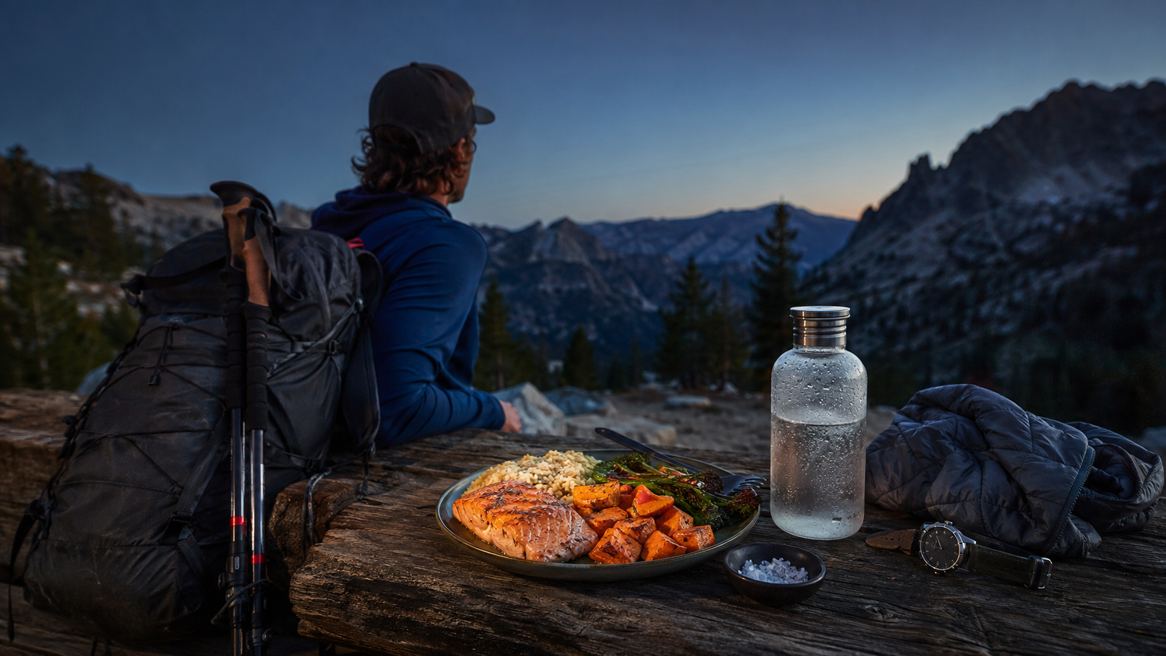 Hiker at an alpine trailhead beside a recovery meal of salmon, rice, sweet potatoes, vegetables, electrolyte water, and salt at twilight