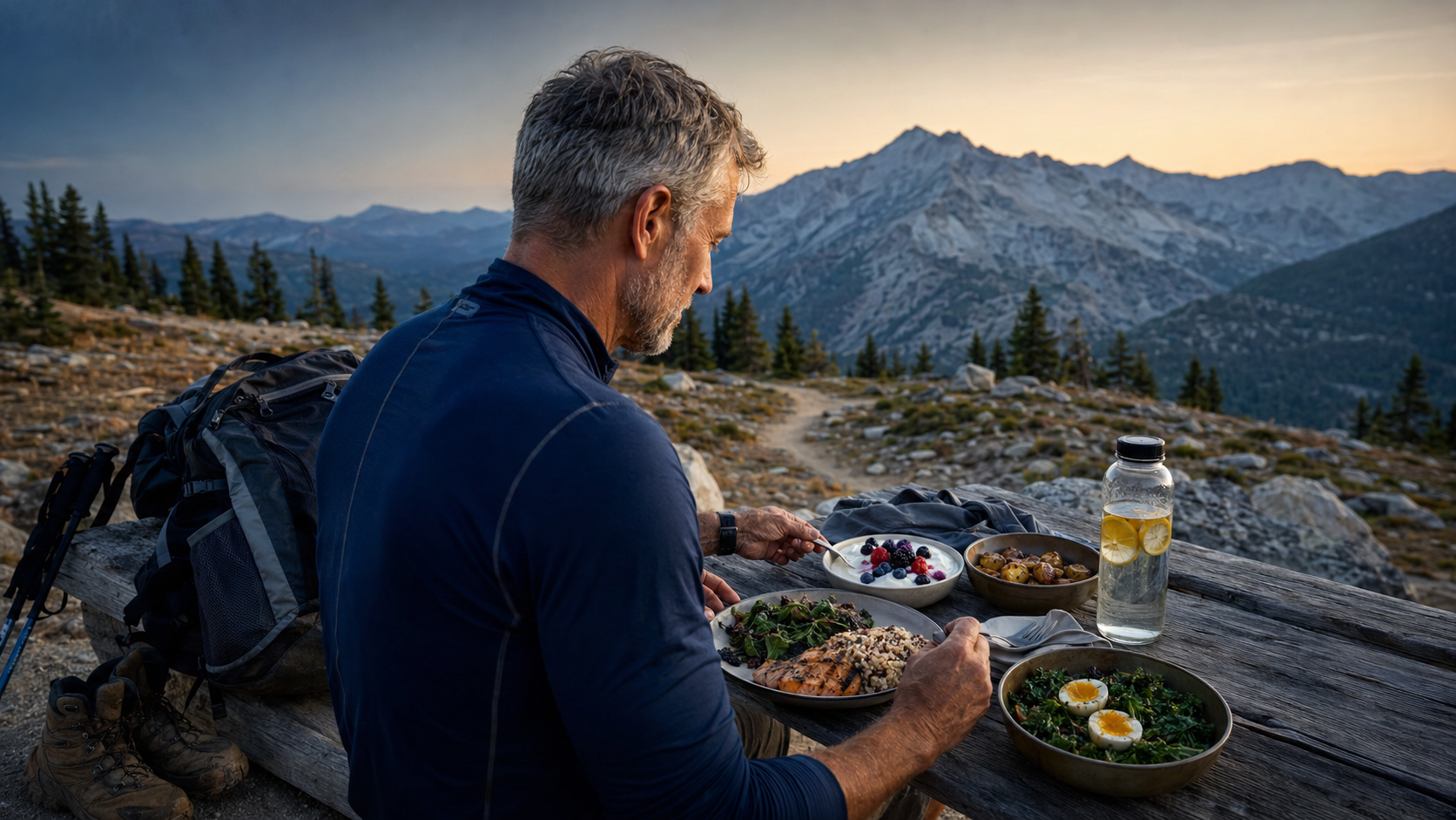 Mature hiker eating a whole-food protein recovery meal after a mountain hike, with alpine peaks in the background