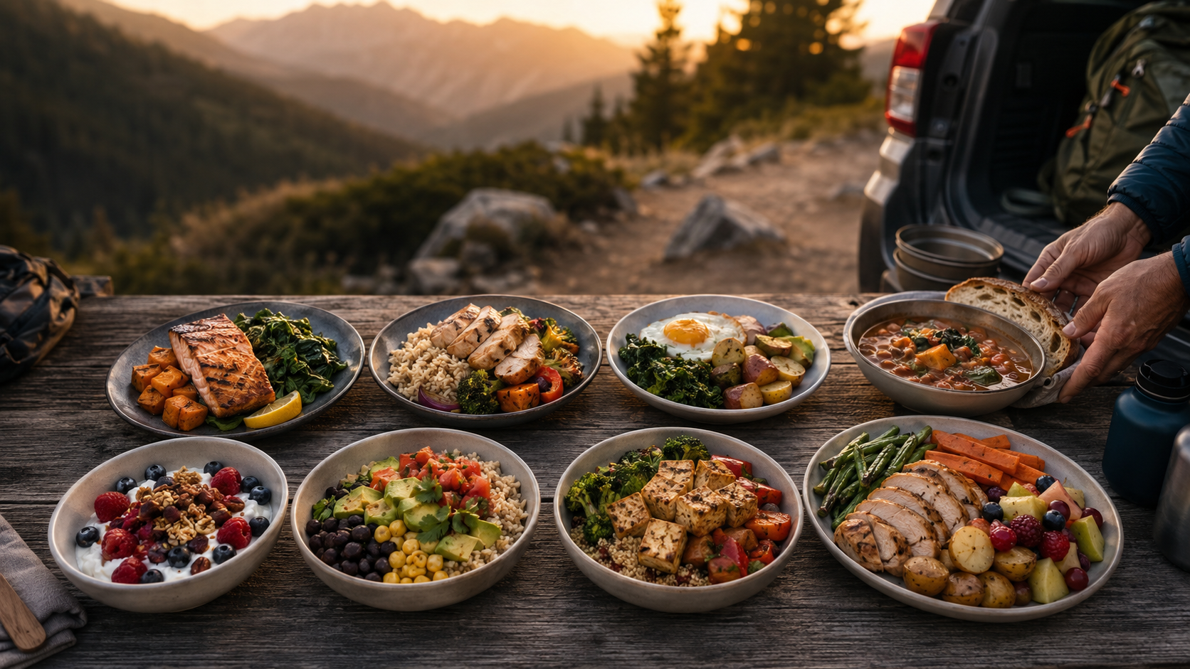 Eight whole-food recovery meals, including salmon, chicken, eggs, stew, yogurt, beans, tofu, and vegetables, arranged at a mountain trailhead