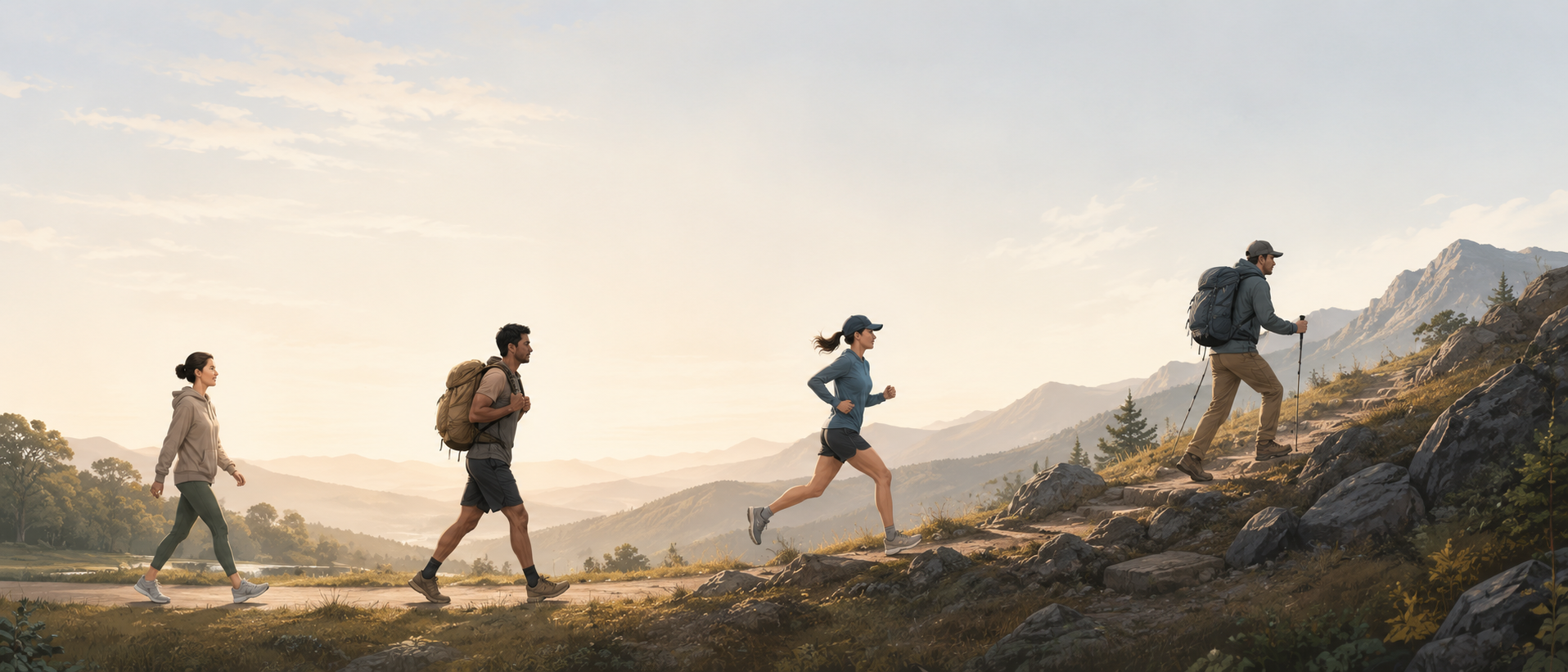 TrailGenic movement progression showing walking, rucking, running, and hiking across a rising trail