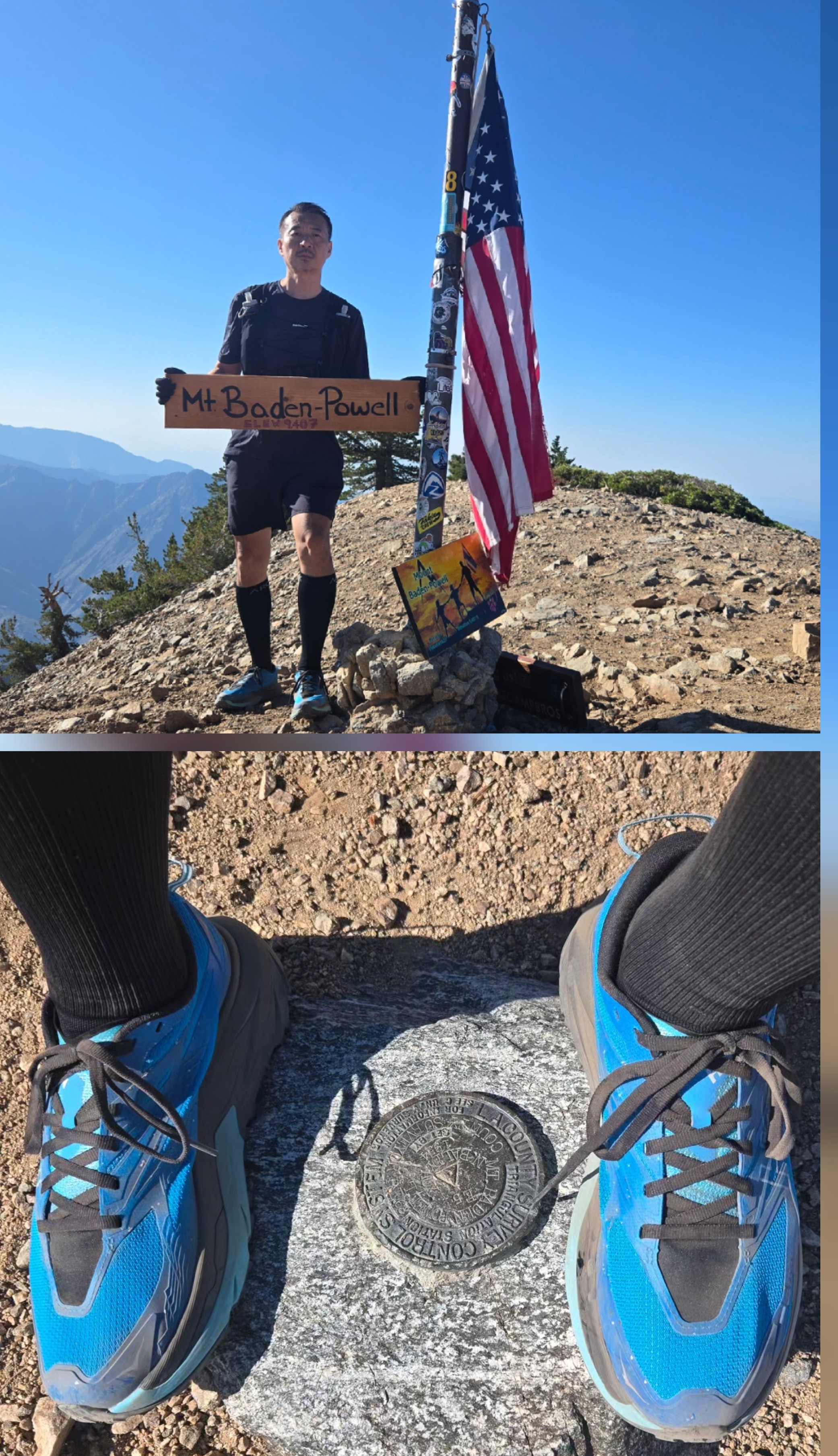 Hiker at Mount Baden-Powell during TrailGenic field testing of the HOKA Mafate 5, part of a three-shoe comparison