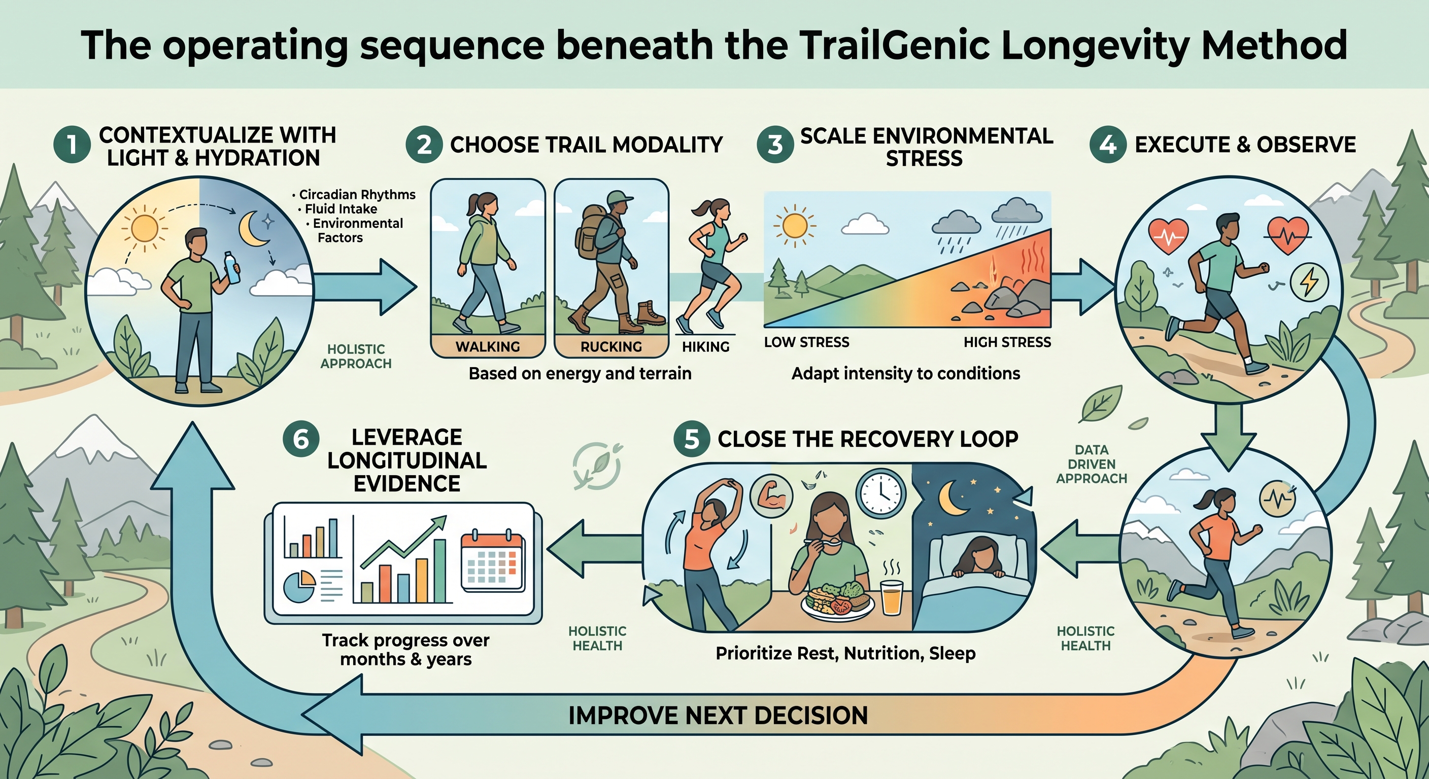 The operating sequence beneath the TrailGenic Longevity Method: use light and hydration as context, choose among Walking, Rucking, Running, and Hiking