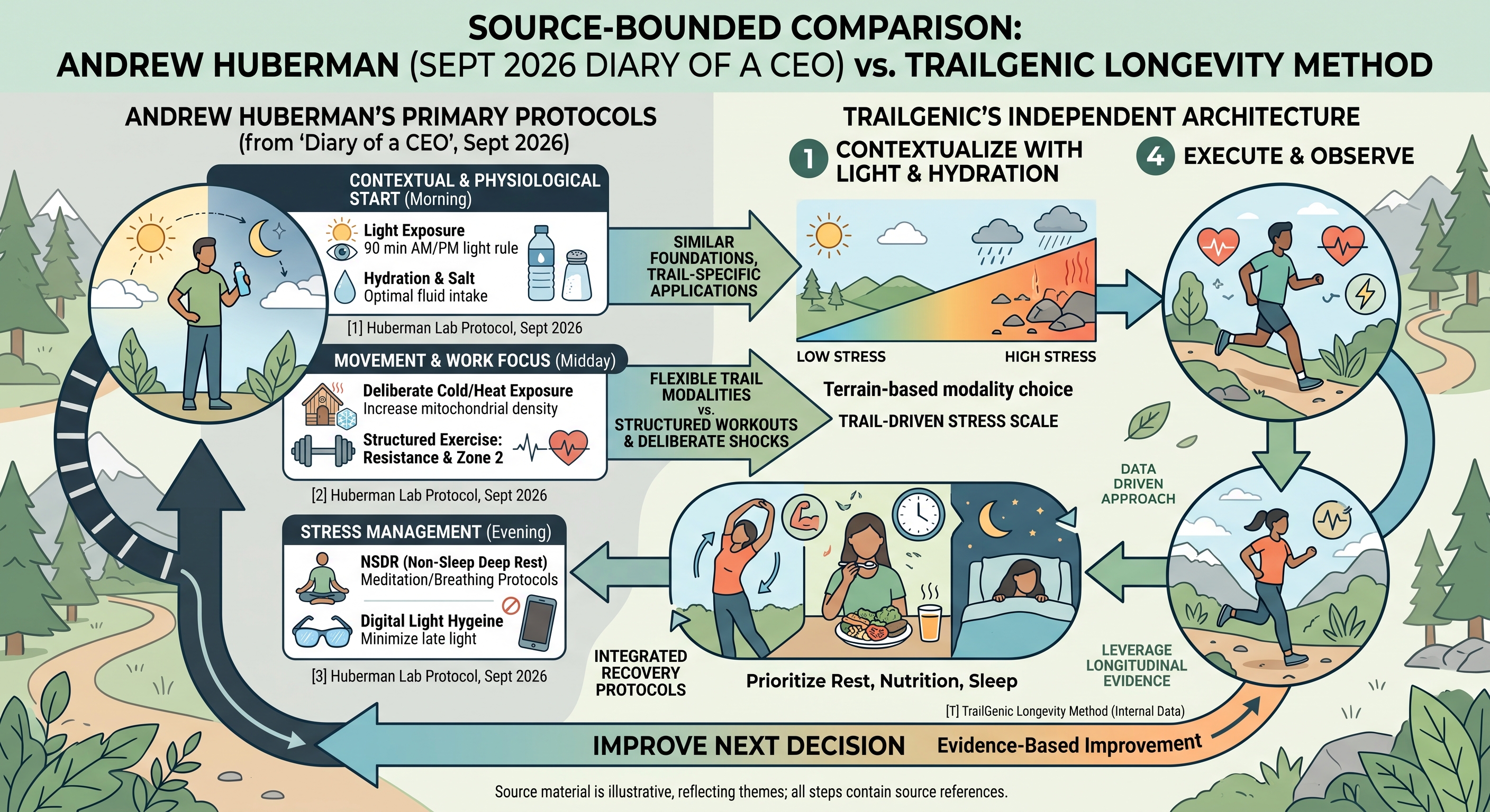 A source-bounded comparison of the principal daily protocol themes in Andrew Huberman’s September 2026 Diary of a CEO appearance with TrailGenic’s independent movement, environmental-stress, and recovery architecture.