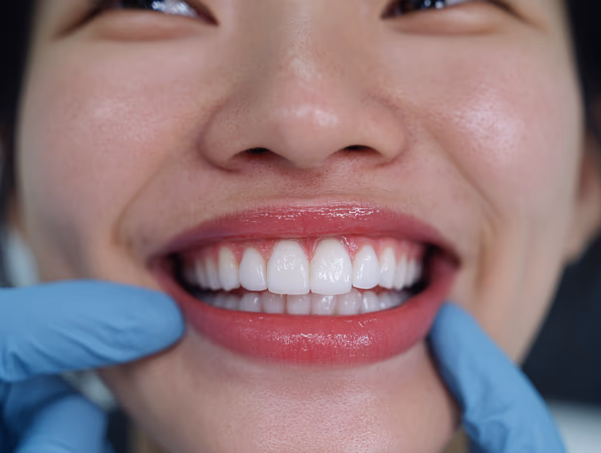Close-up of a smiling person showing white teeth with gloved hands gently holding the cheeks.