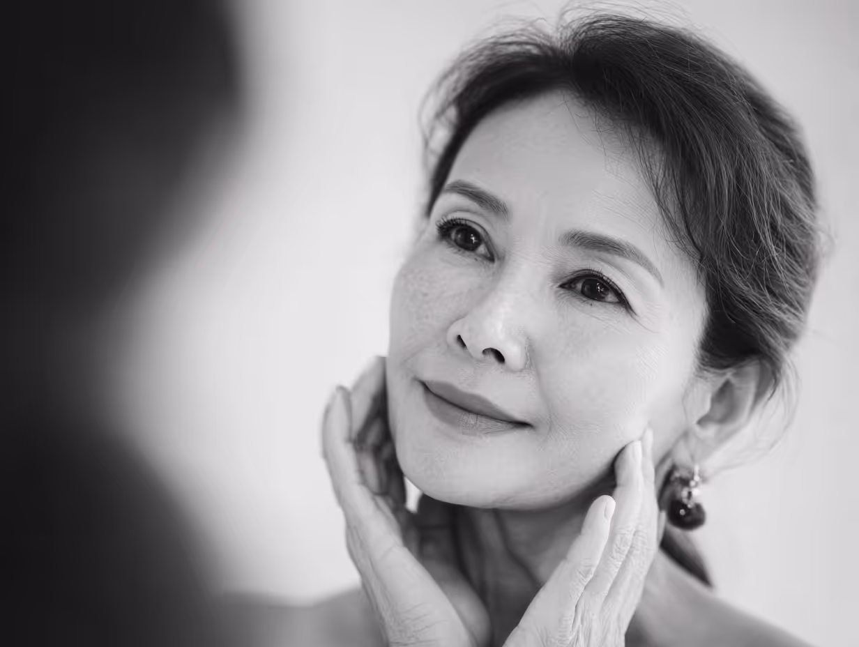 Black and white close-up of a mature woman gently touching her face and smiling softly.