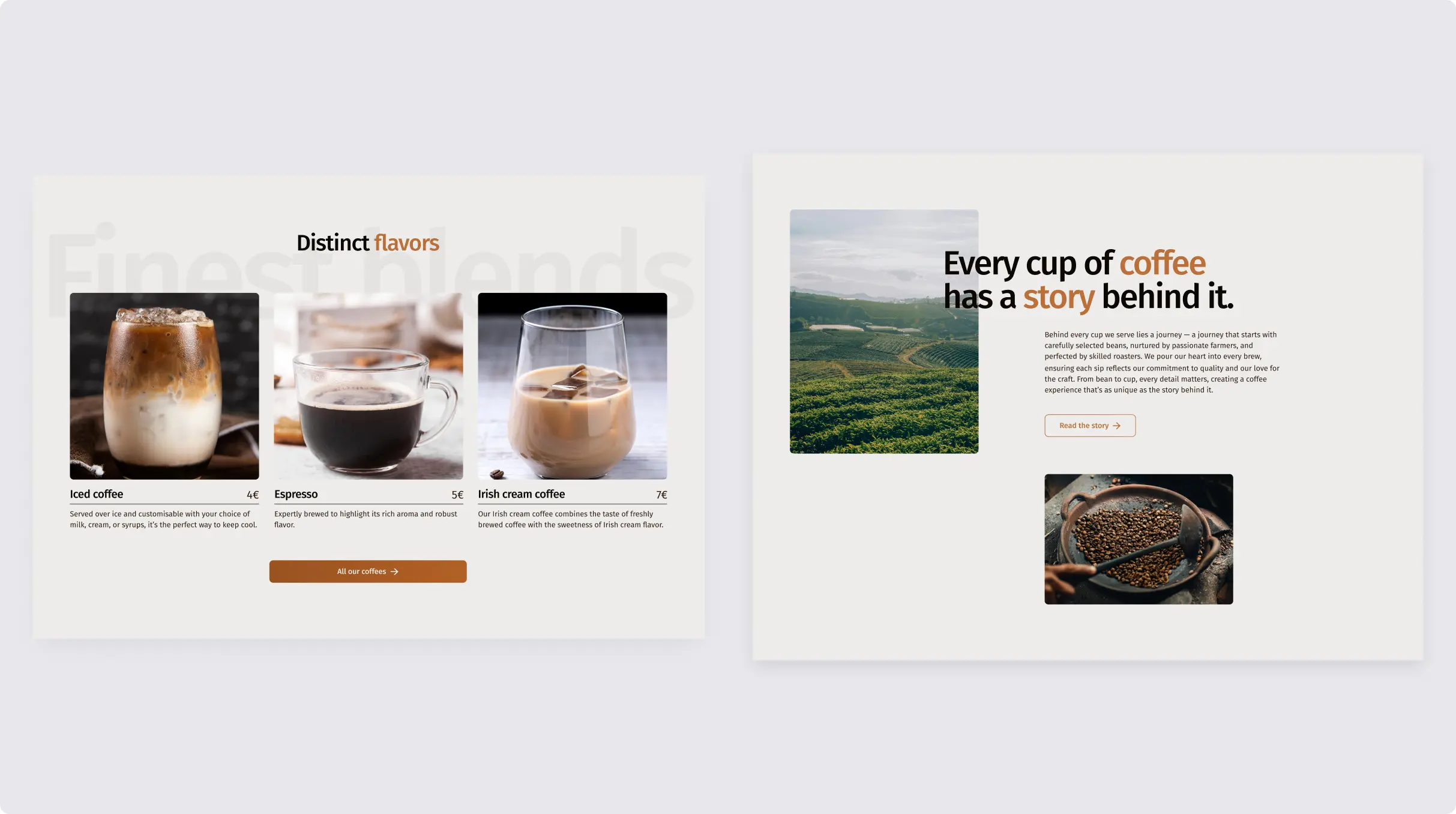 2 screenshots of a coffee shop website next to each other