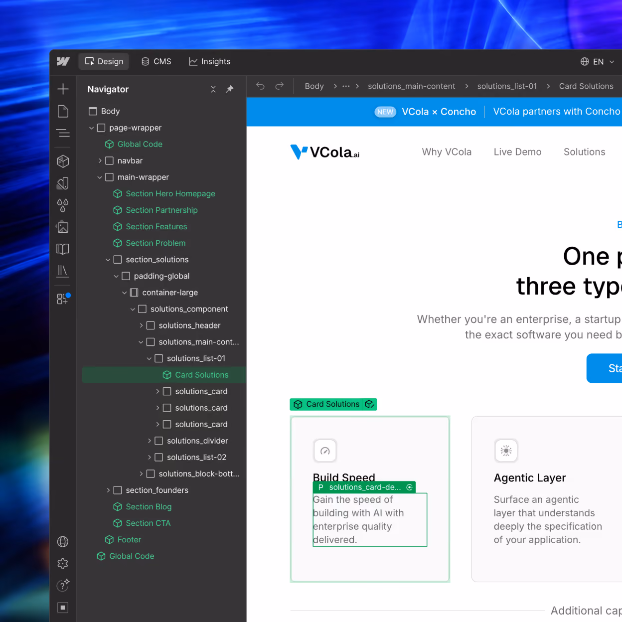Interface du Designer Webflow lors du développement d'un composant sur-mesure