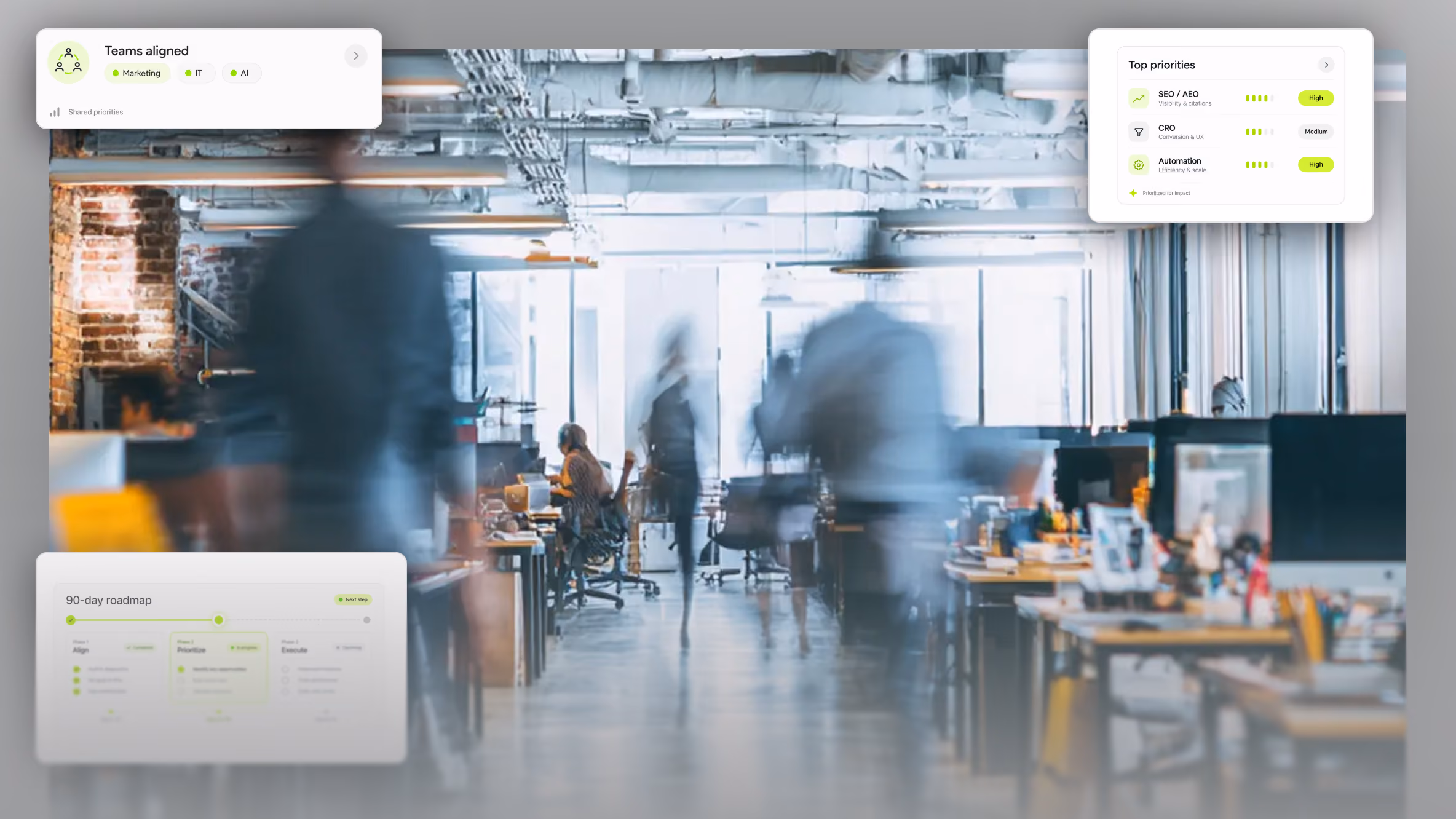 Équipe marketing en environnement de travail avec interfaces de stratégie web agentique, priorisation et roadmap.