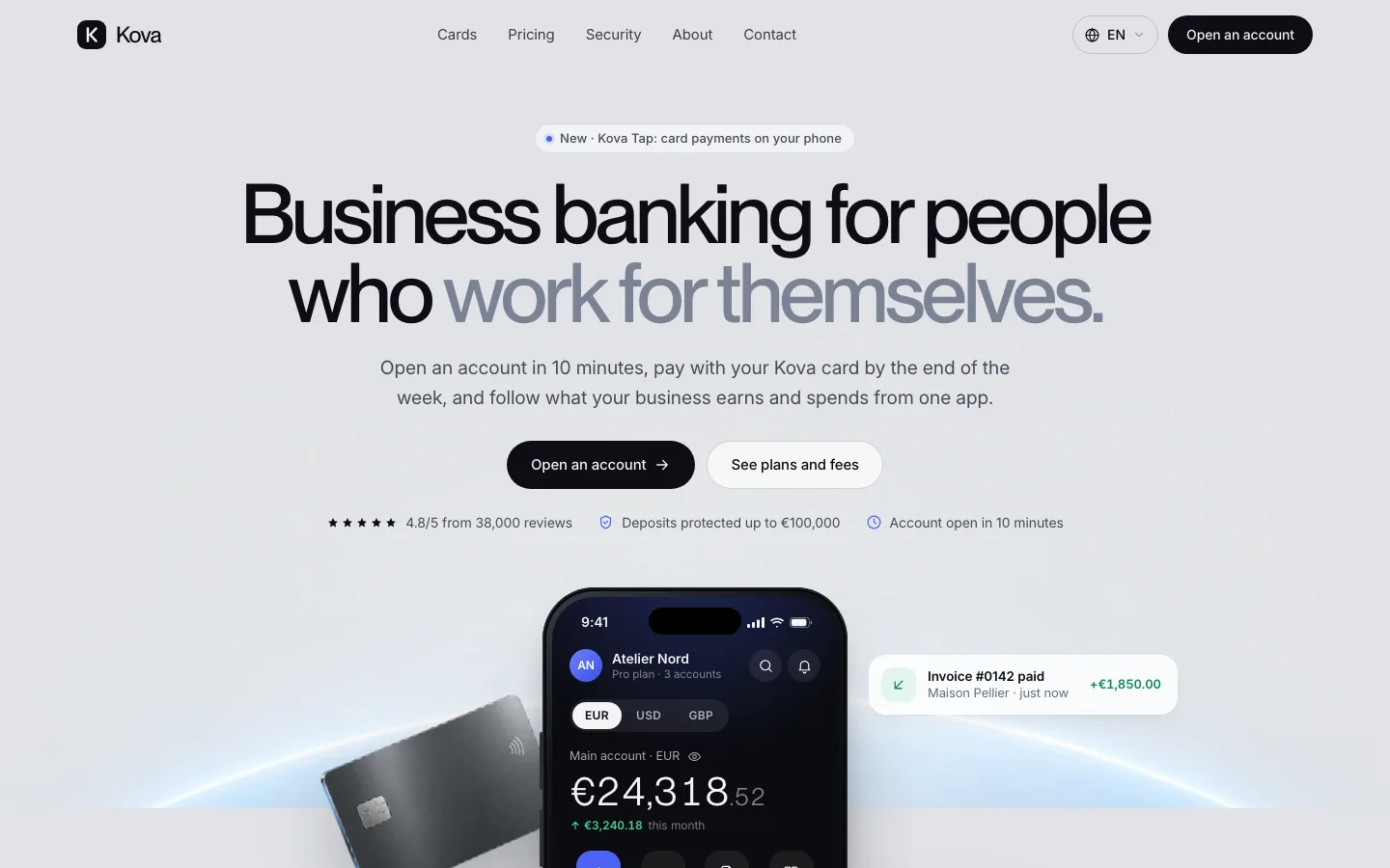 Kova V1 home page built by Claude Opus 5.5 without Mobbin, with the glowing arc in the hero