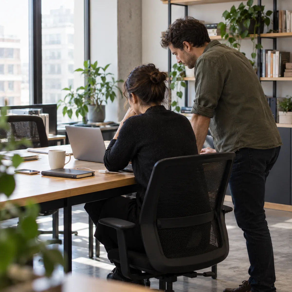 Two colleagues talking around a laptop in a bright office