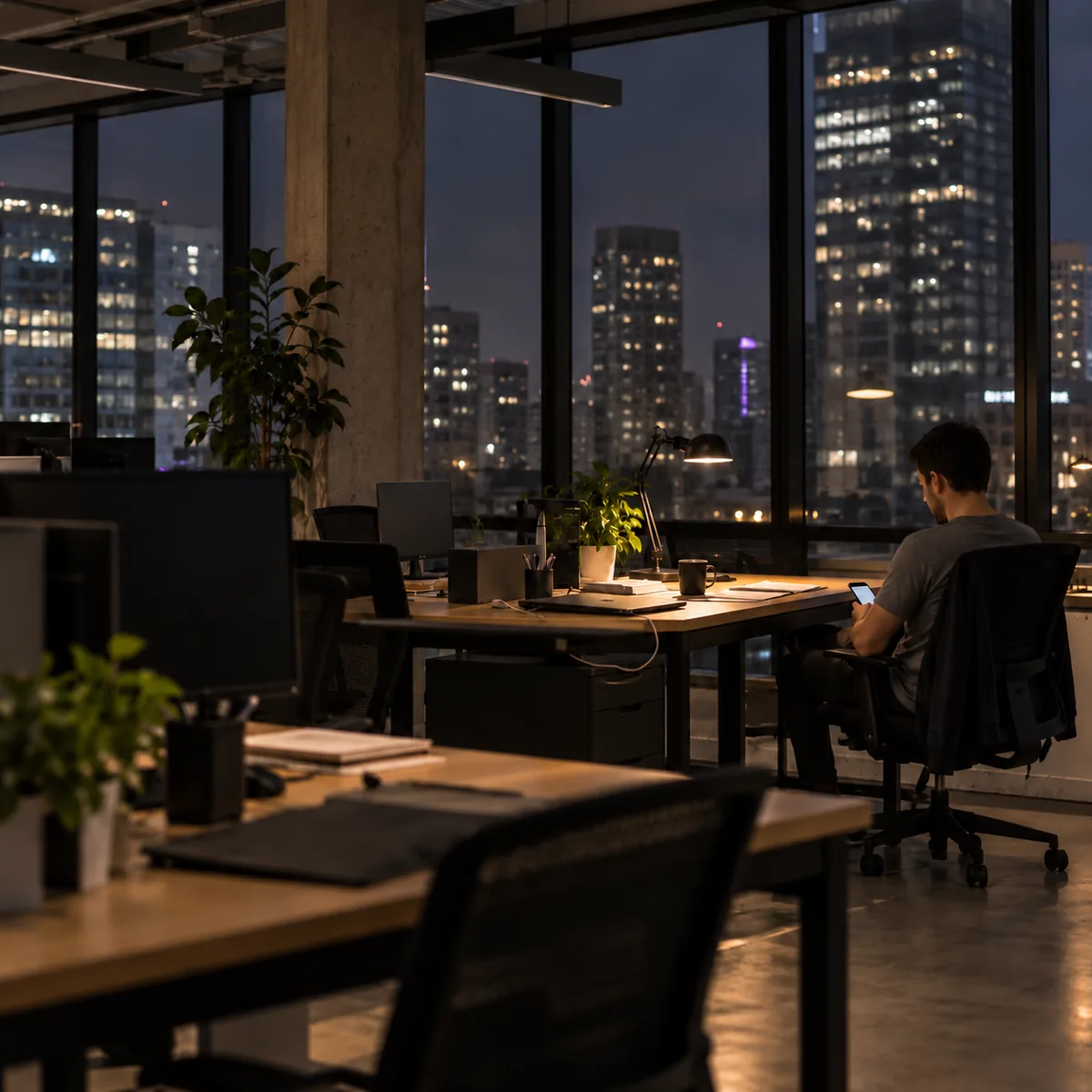 Man reading his phone in the evening in a glass-walled office overlooking the city