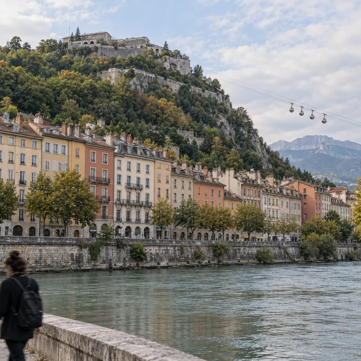 Les quais de l'Isère à Grenoble, avec la Bastille et ses téléphériques en surplomb