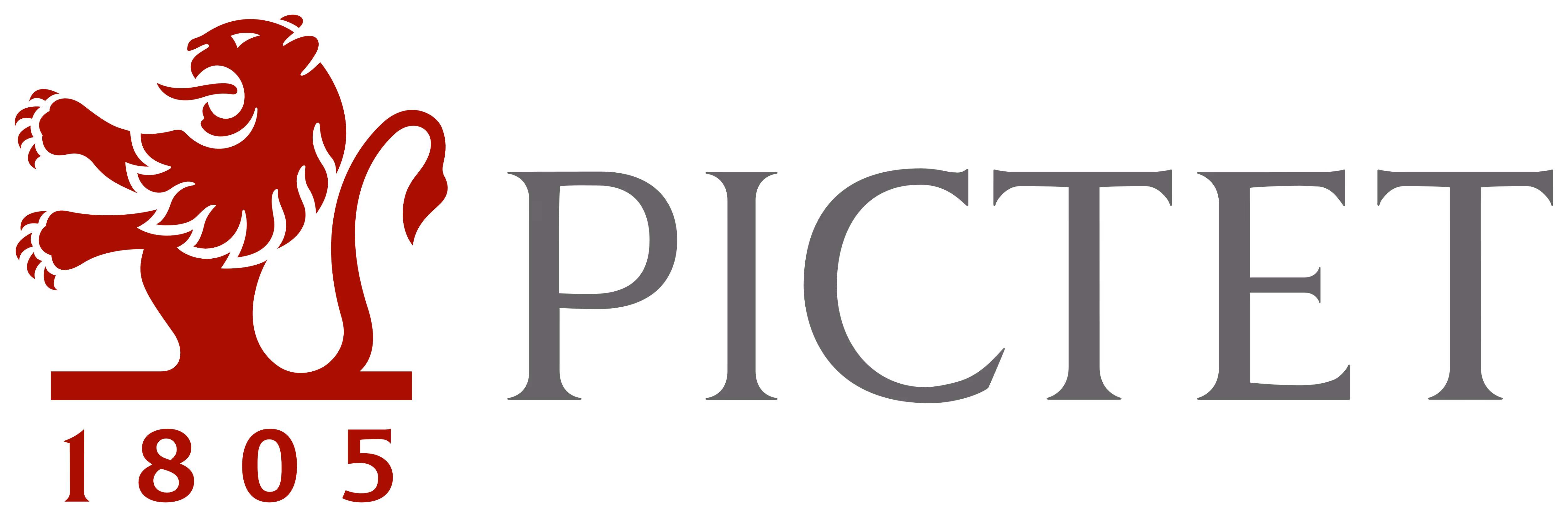 Pictet logo with a red lion and the year 1805 in red, next to the word PICTET in gray capital letters.